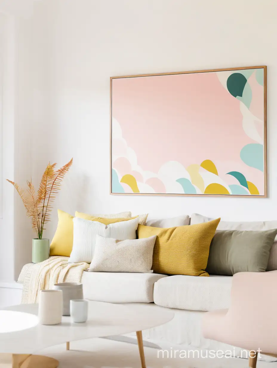 A living room with soft sofa, New Zealand style. Bright and pastel colors, a framed canvas on the wall