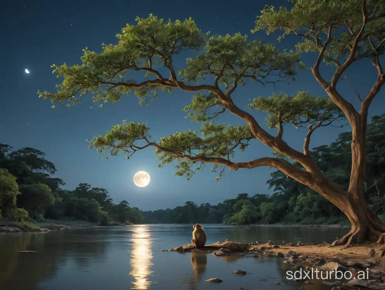At midnight, a long river, water is clean, you can see the moon on the water, a tree nearby the river, a monkey is under the tree, high quality, the moon not in sky, you can see the moon under the river