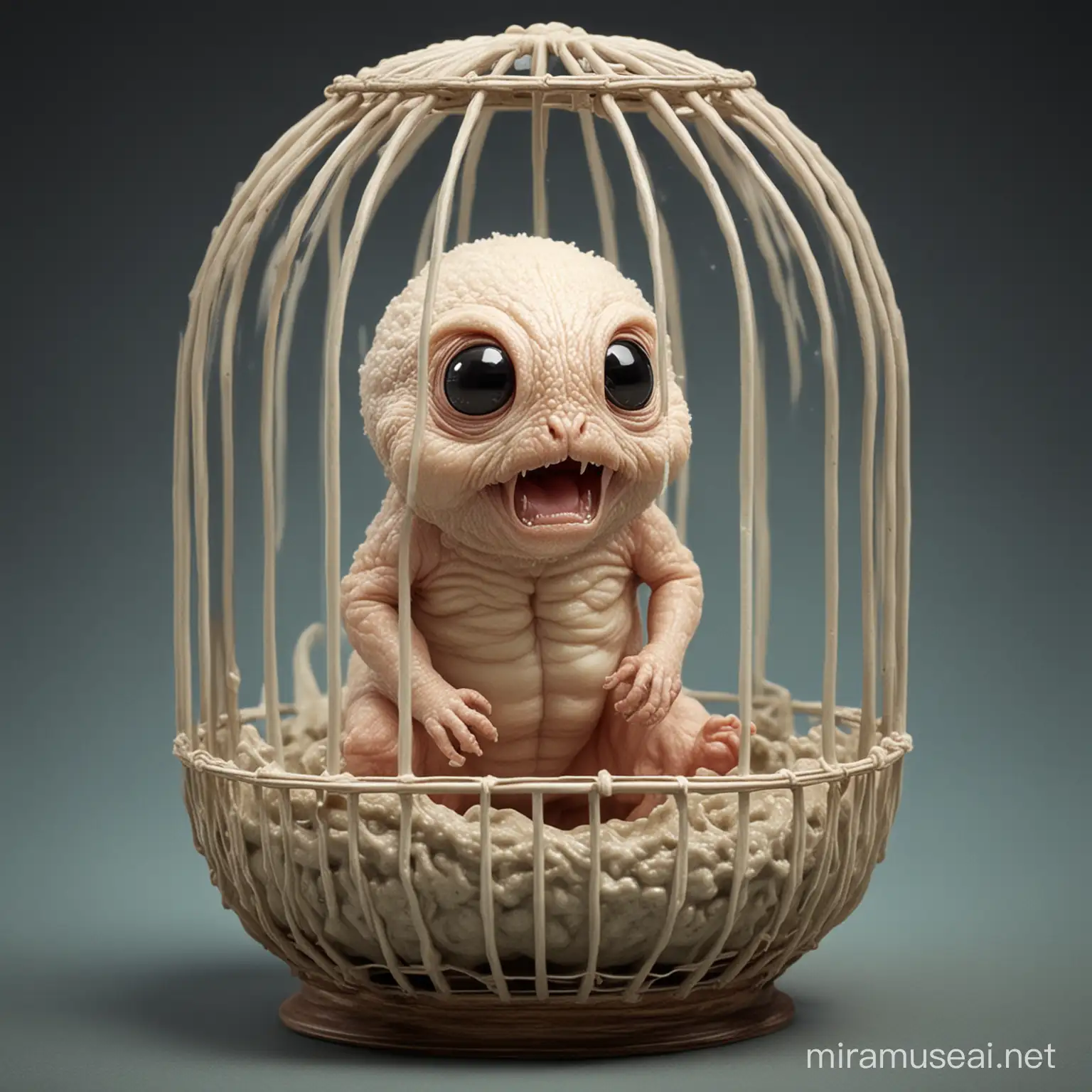 A small human embryo-like creature. The creature has a prominent moustache and is in a cage.