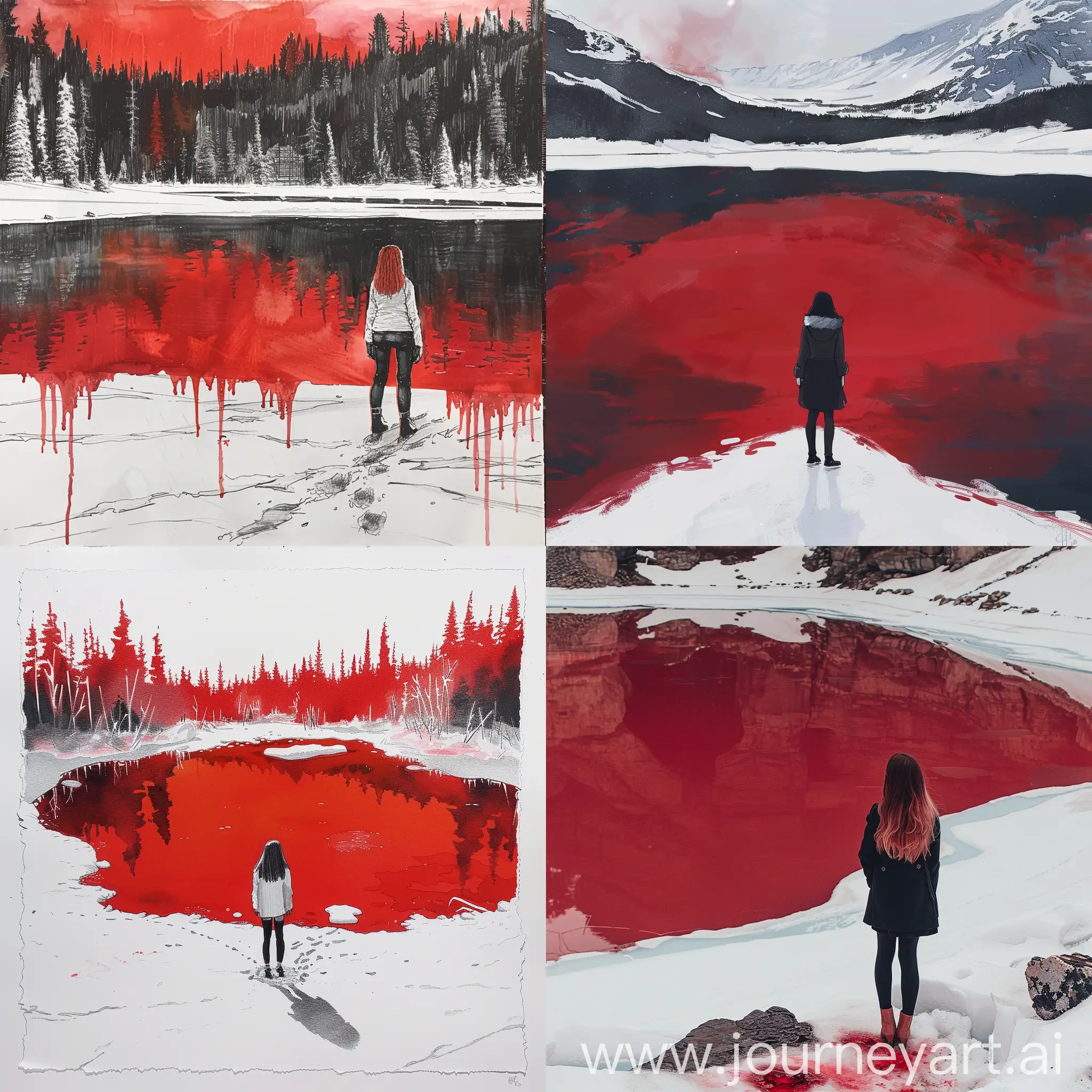 Нарисуй девушку которая стоит на снегу перед замёрзшим озером которое имеет красный цвет