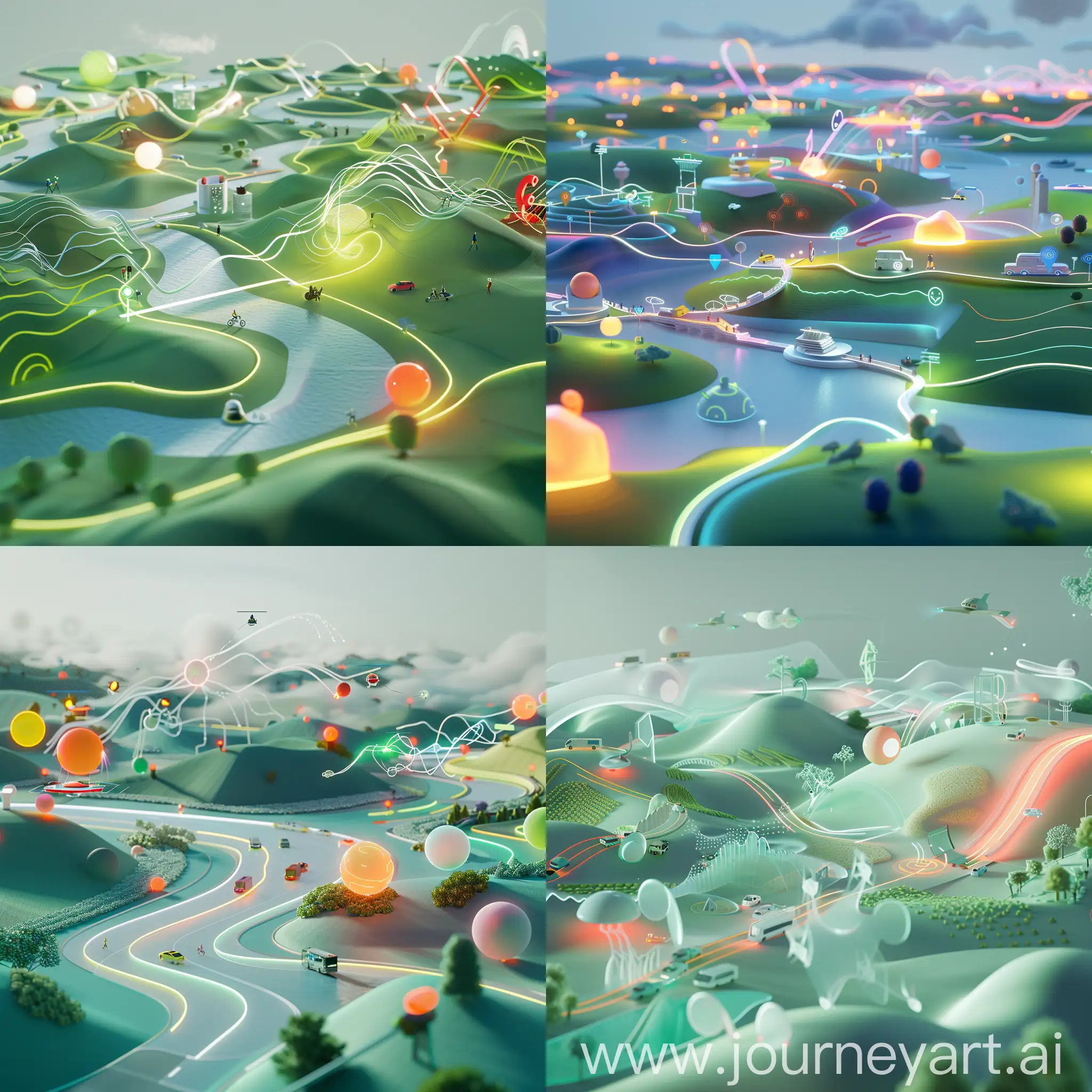  Taking into account the content provided, I will describe how to represent the given vision in an abstract 3D animation without specific products, keeping it simple yet evoking a certain atmosphere.  The animation begins with a vast, open landscape symbolizing the global transportation network. Various abstract shapes representing different modes of transportation emerge and interconnect seamlessly, signifying inclusivity and accessibility for people of all abilities, backgrounds, and locations.  As the animation progresses, these shapes transform and morph into dynamic pathways and infrastructure, illustrating the pursuit of an easily accessible transportation system. Colors shift harmoniously, reflecting the diversity and interconnectedness of transportation options.  Next, the animation transitions to depict sustainability, with vibrant greenery and flowing water embodying eco-friendly transportation choices. Abstract representations of public transit, bicycles, pedestrians, and electric vehicles move gracefully, showcasing their role in reducing carbon emissions and promoting healthier lifestyles.  Finally, the animation highlights technological innovation through futuristic elements such as glowing orbs symbolizing autonomous driving, ethereal wisps representing air taxis, and interconnected networks symbolizing shared mobility solutions and real-time transportation information.  Throughout the animation, a sense of unity, progress, and possibility permeates, encapsulating the vision of an inclusive, accessible, and efficient global transportation system.
