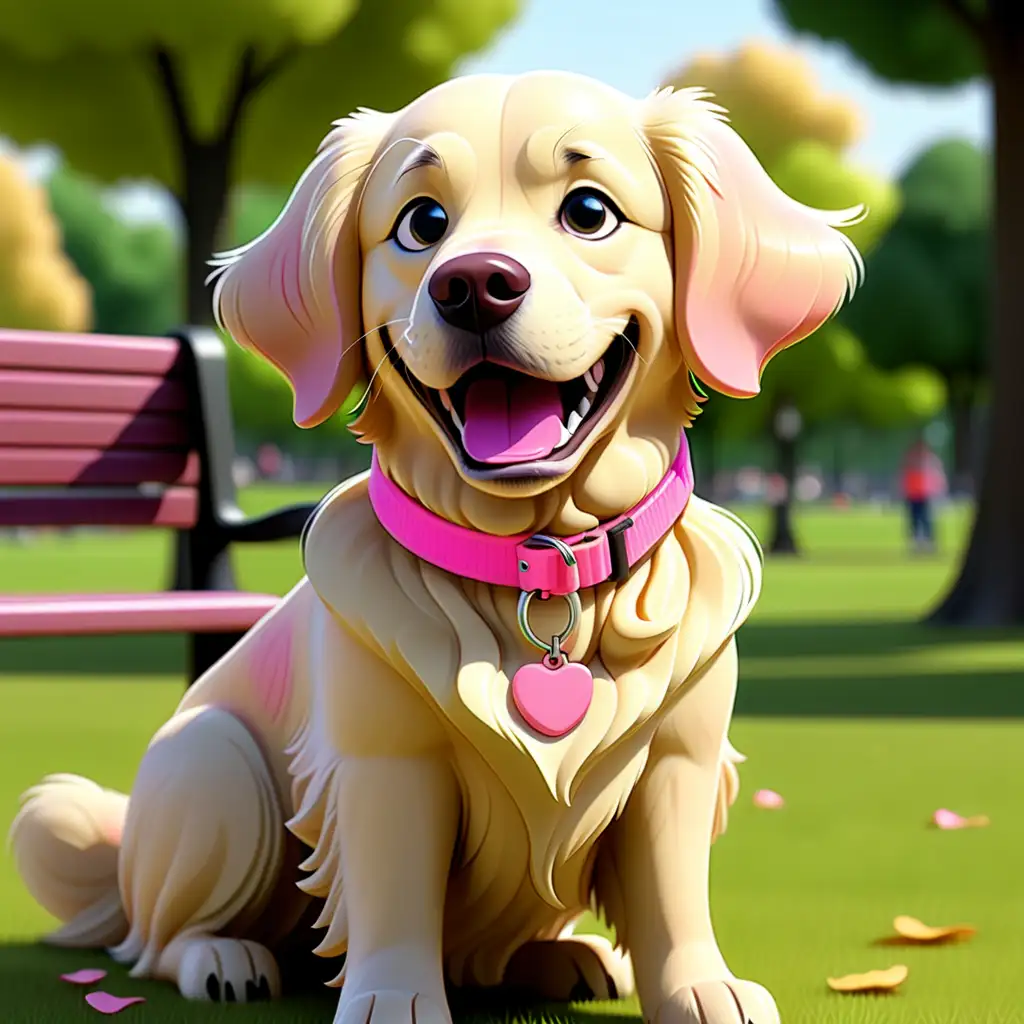 Cute Cartoon Golden Retriever with Pink Collar Enjoying Park Playtime