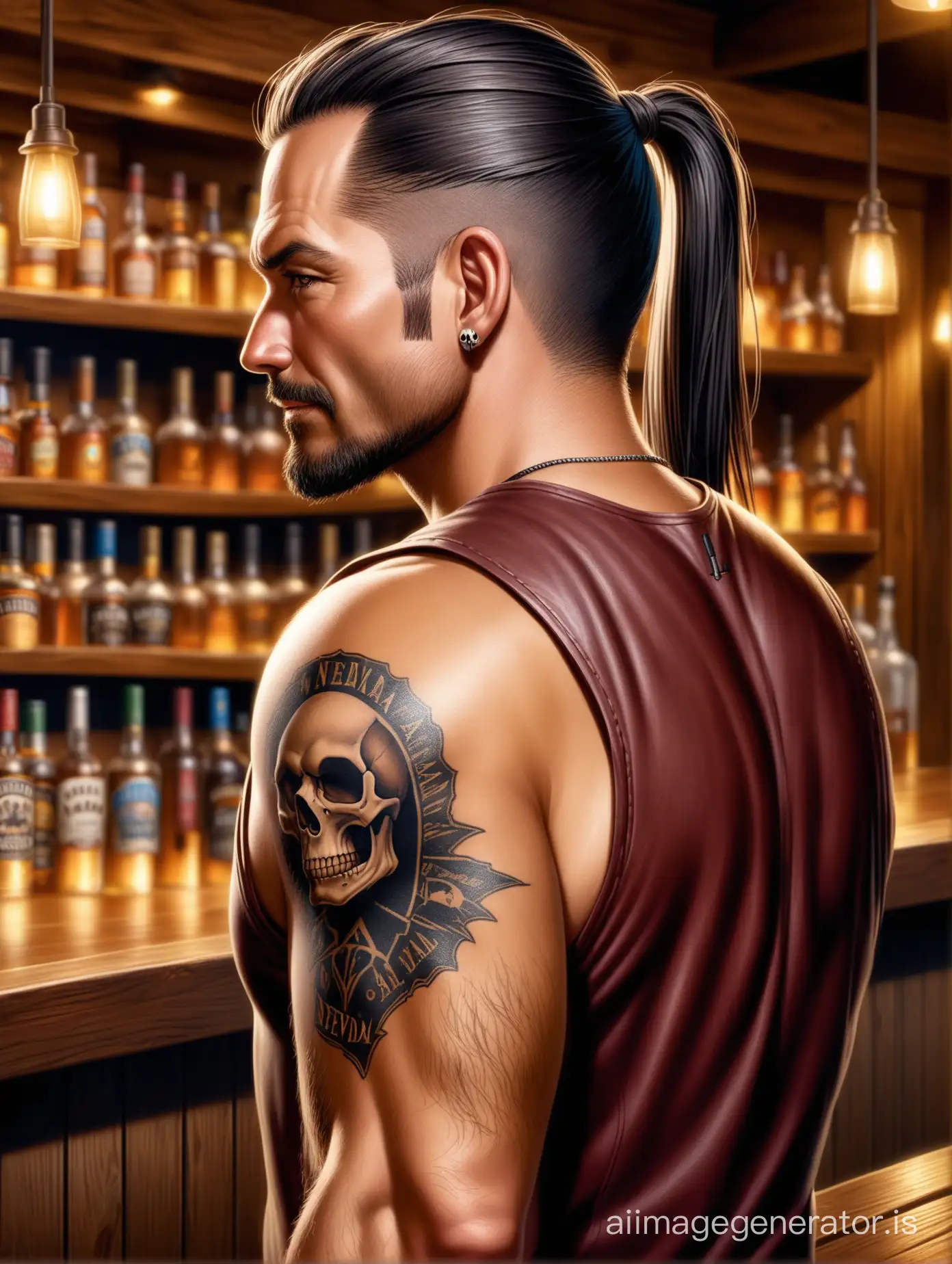 (Middle-aged man, dark straight hair pulled back in a ponytail, stubble on his face, wearing a sleeveless shirt, a skull tattoo on his shoulder); (Nevada, a bar|saloon in Nevada); (epic, epic detail, masterpiece, best quality, photorealistic, ultra-high detail)