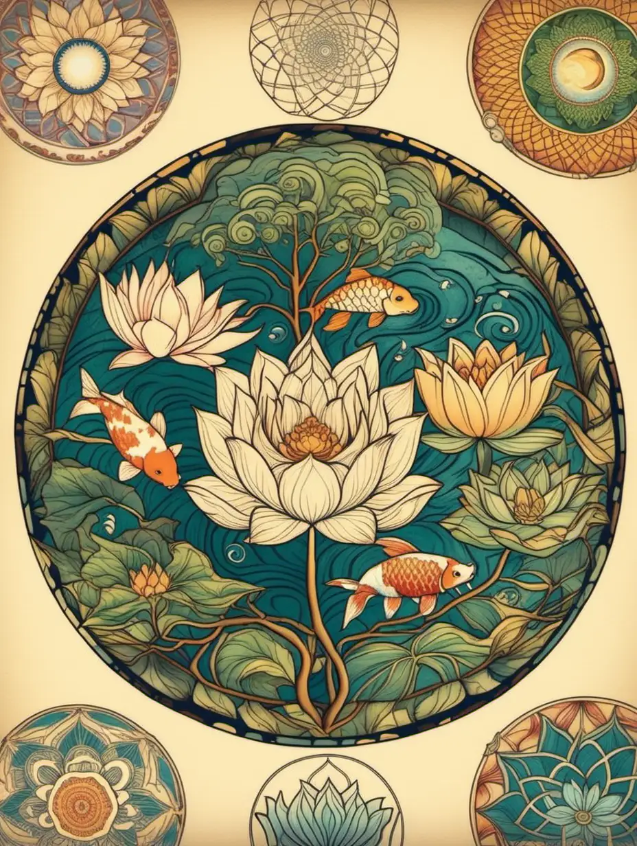 calming mandalas of nature including images of koi fish, tree of life, lotus flower