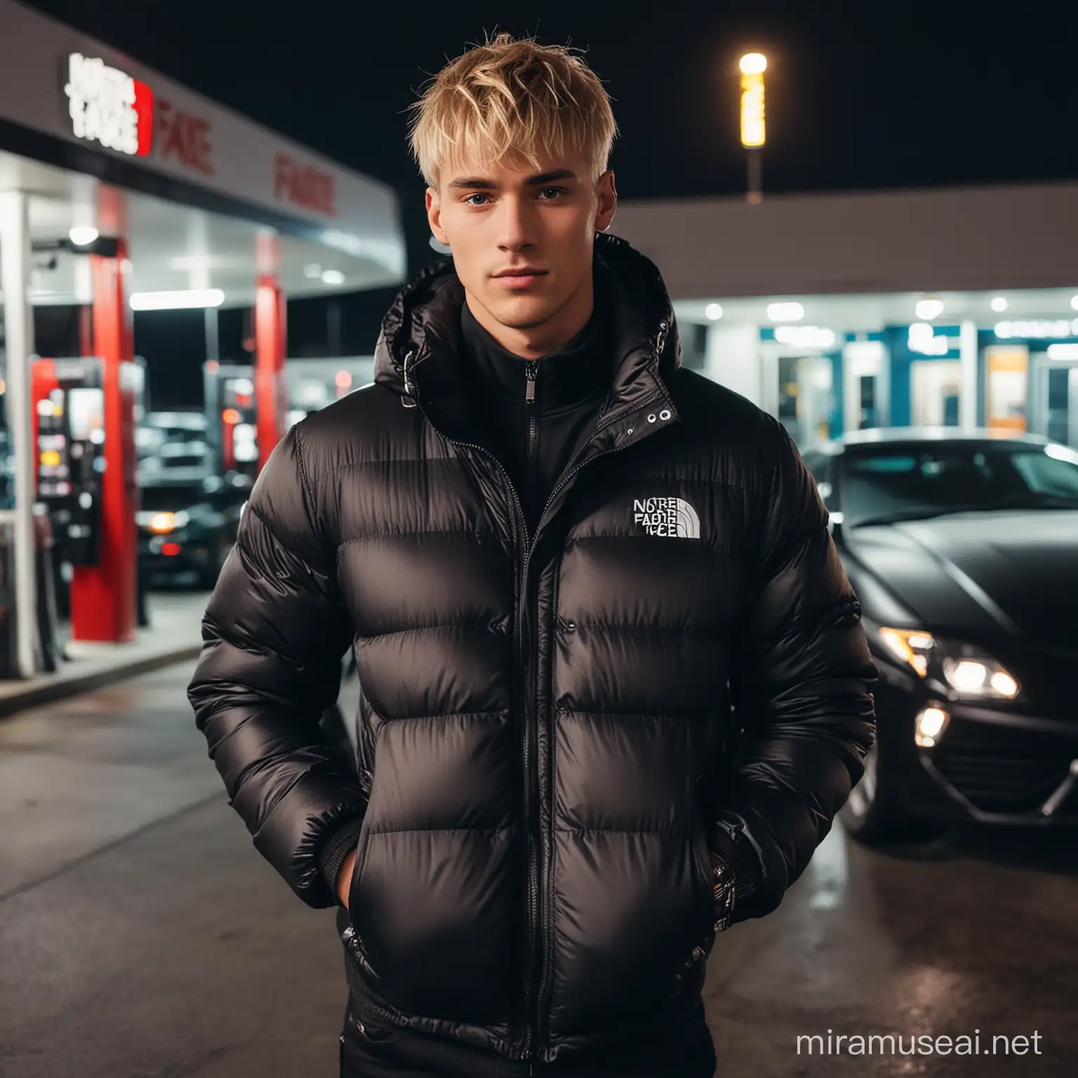 Stylish Blond Man in North Face Jacket with Ice Chain and Lamborghini at Night