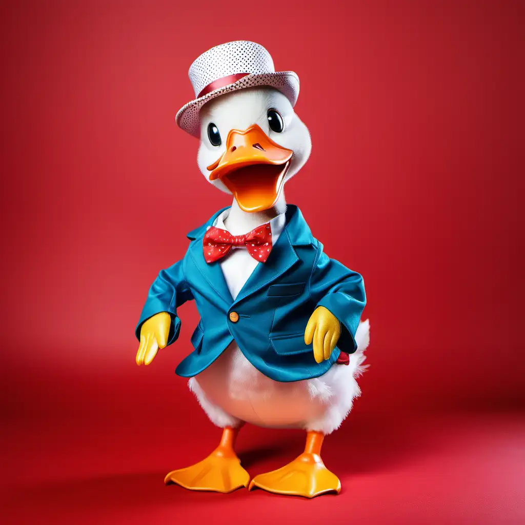 Whimsical Duck in Colorful Attire on Vibrant Red Background