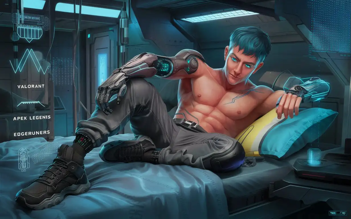 exhausted 20s male lithe athletic cyborg, short cerulean hair, cyan hi-tech visor, gunmetal prosthetic cybernetic arms with cyan faintly-glowing implants, grey techwear pants, black tactical sneaker boots, resting on bed in spacestation private quarters, videogame animation valorant apex legends edgerunners painting render character splash