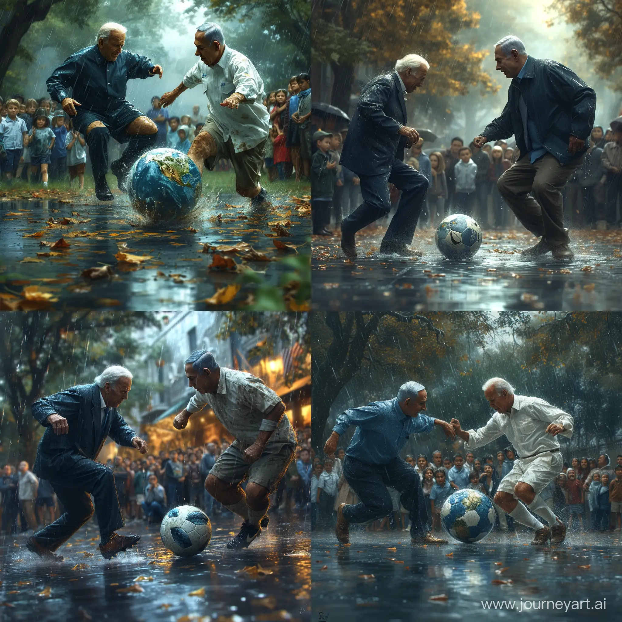 A realistic picture of joe biden and benjamin netanyahu playing soccerl in the rain, in front of an crying kids audience watching the match, the ball as a planet earth with blur in the background, accuracy, focus, and very fine details on fabrics, skin, and skin --stylize 750 --v 6