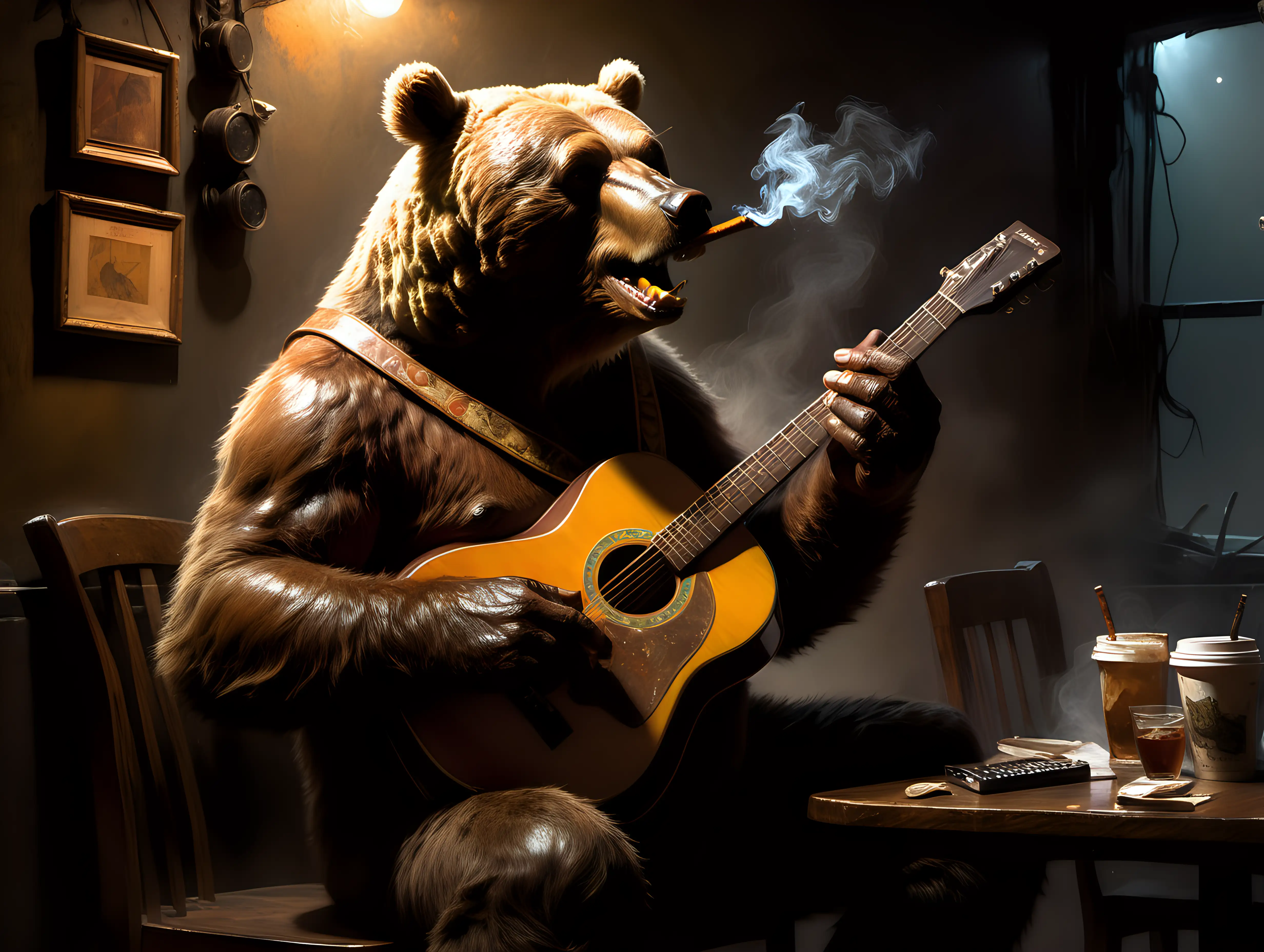 brown bear playing guitar and harmonica in a dark cafe Frank Frazetta style