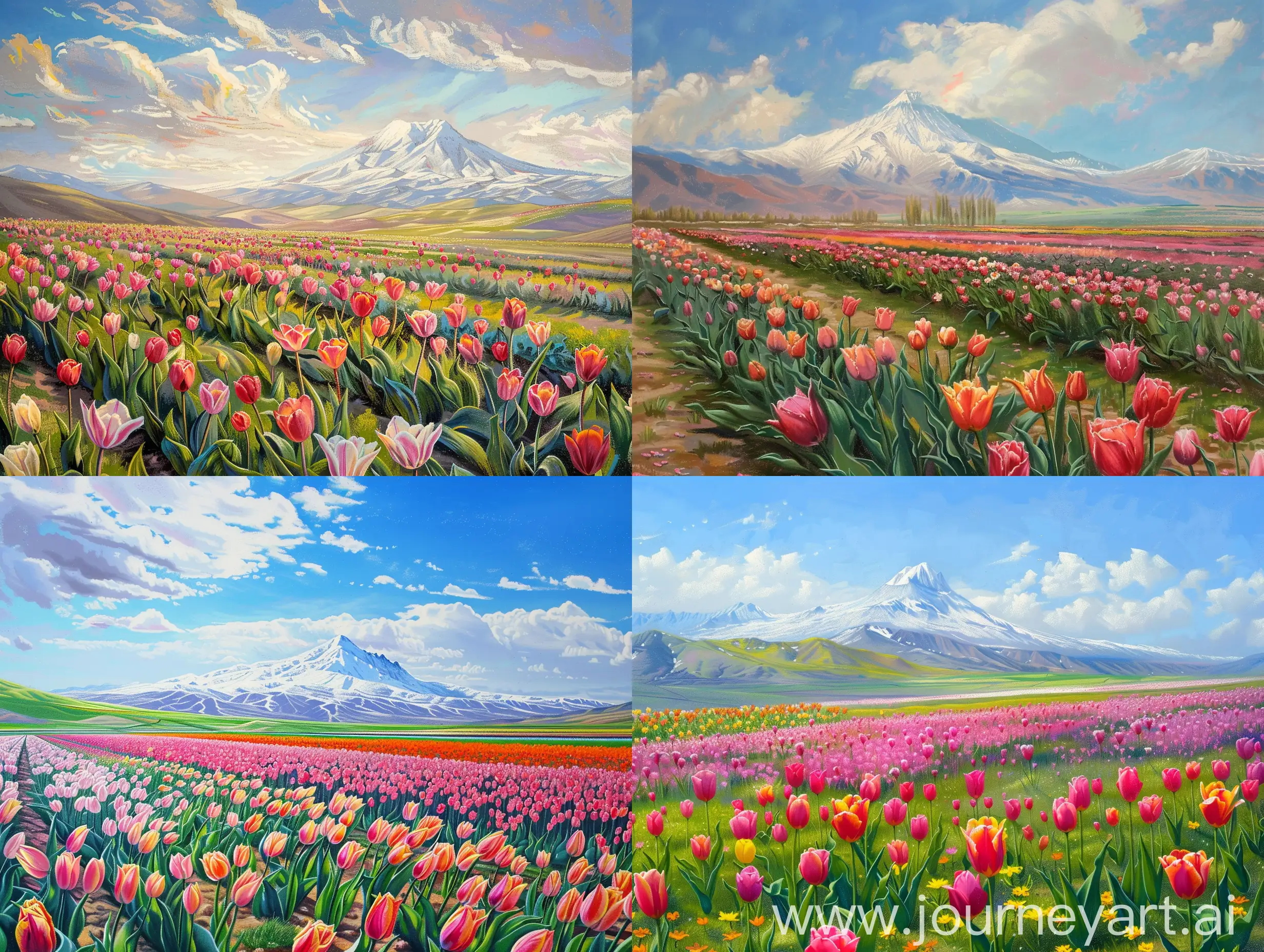 The entire plain is covered with tulips and in the distance is the Damavand peak, which is covered with snow and the weather is sunny and springy, illustration pastel