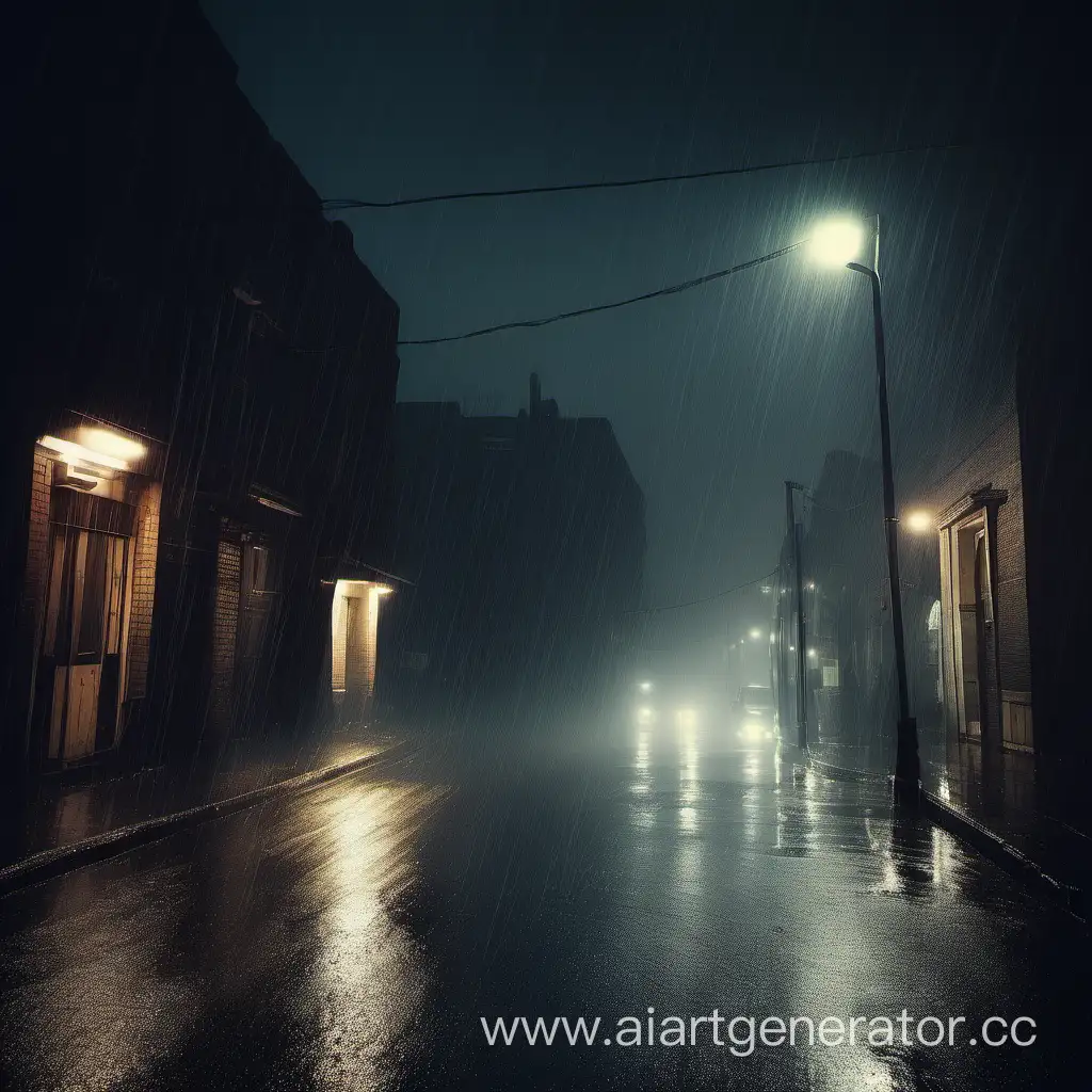 мрачная улица ночью с дождём и грозой
