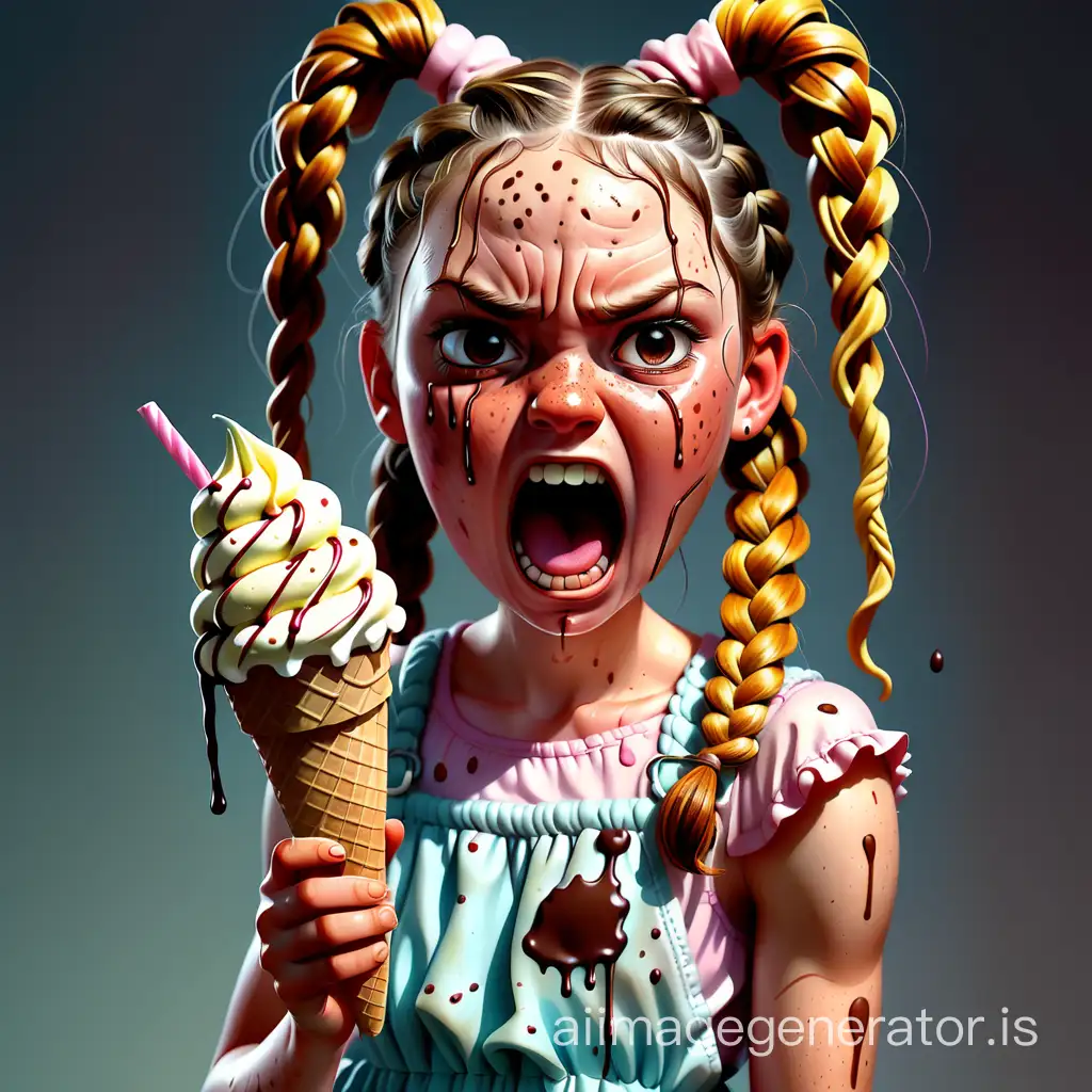 4 color Drawing of a girl with braids and freckles on her face holding an ice cream cone with her dress leaking and she is angry, highly detailed drawing by Sam Spratt, cgsociety, photorealism, detailed drawing, deviantart, behance hd