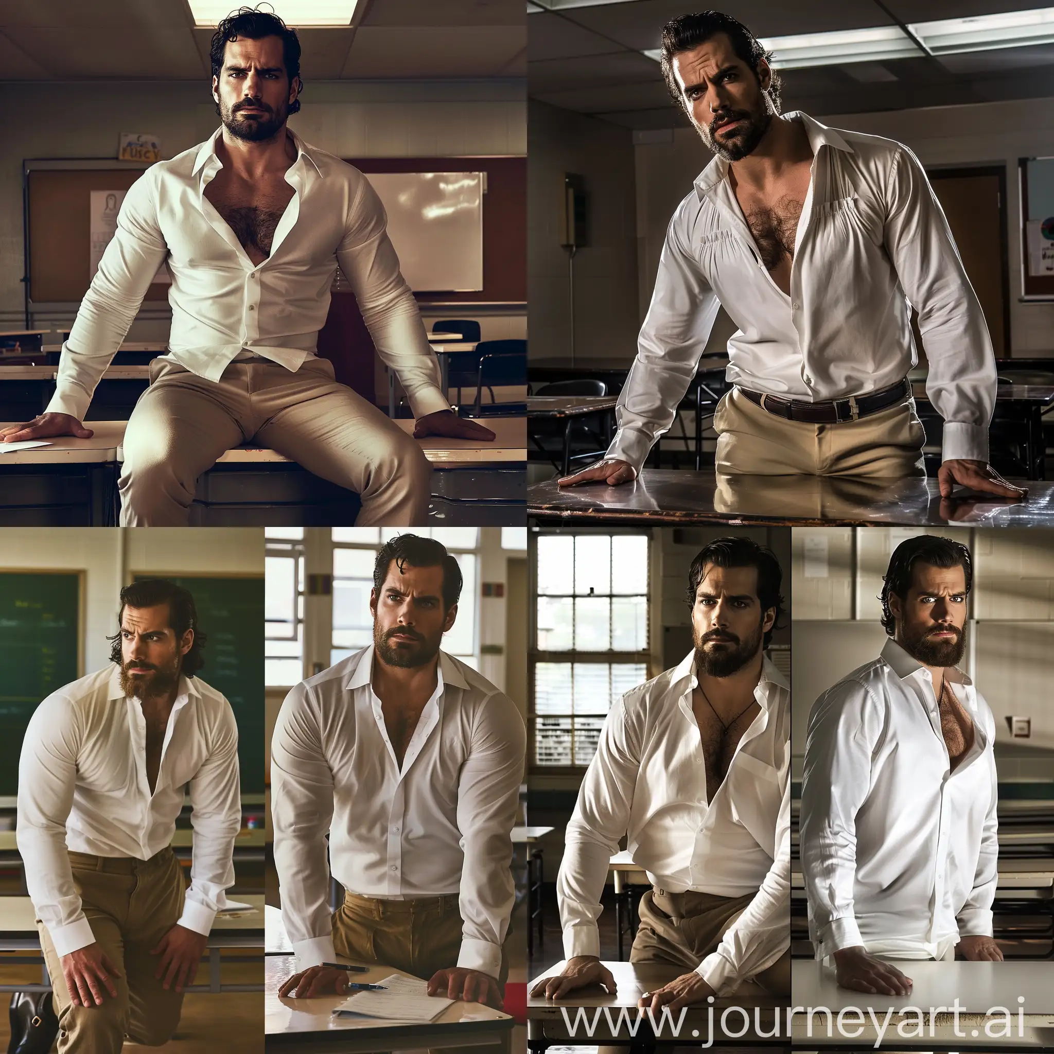 cinematic lighting, good looking burly Henry Cavill as a teacher, wearing a white open dress shirt, bearded handsome muscular Henry Cavill wearing a white dress shirt, hairy chest, standing and sitting on his table, wearing a tight white dress shirt and khaki pants, wearing black leather shoes, classroom background