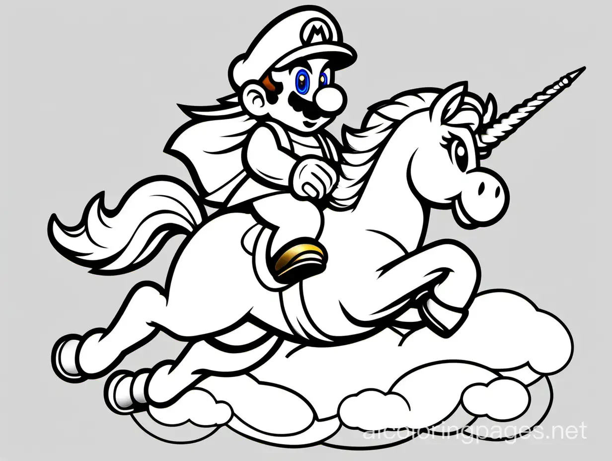 Super Mario riding unicorn, Coloring Page, black and white, line art, white background, Simplicity, Ample White Space. The background of the coloring page is plain white to make it easy for young children to color within the lines. The outlines of all the subjects are easy to distinguish, making it simple for kids to color without too much difficulty