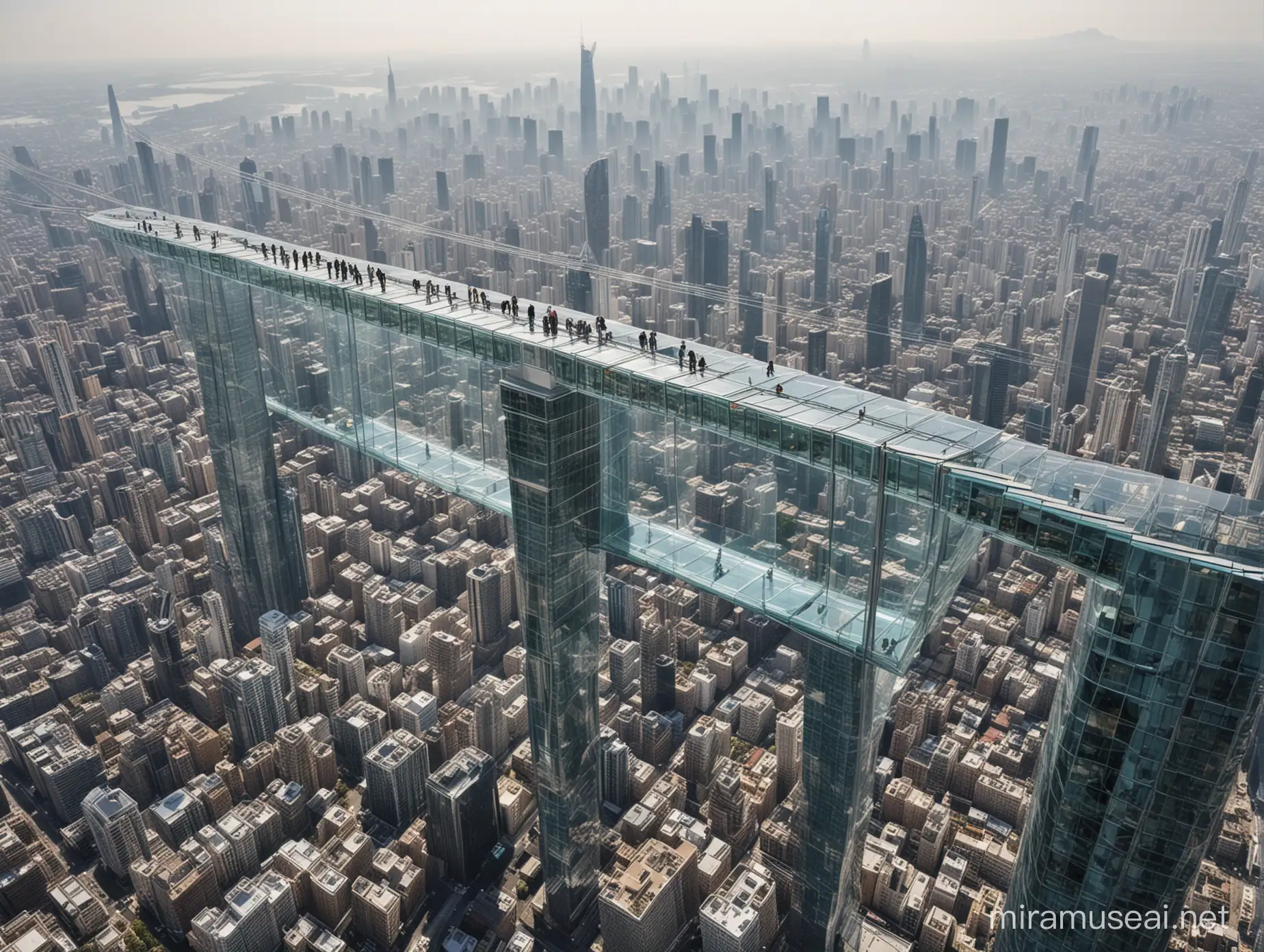 curate a skybridge, connecting tall buildings of height 1 kilometer, in the year 2124, glass material, capsule shaped