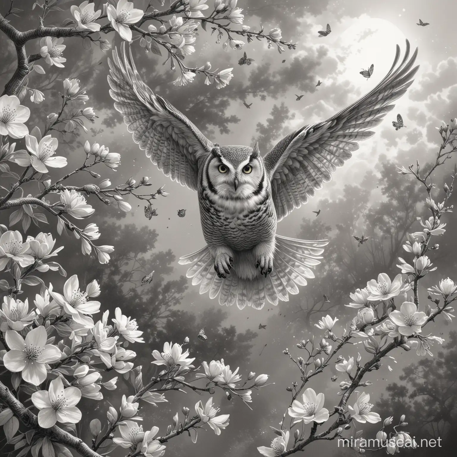 Grey scale sketch, owl soaring over apple blossom dropping honey