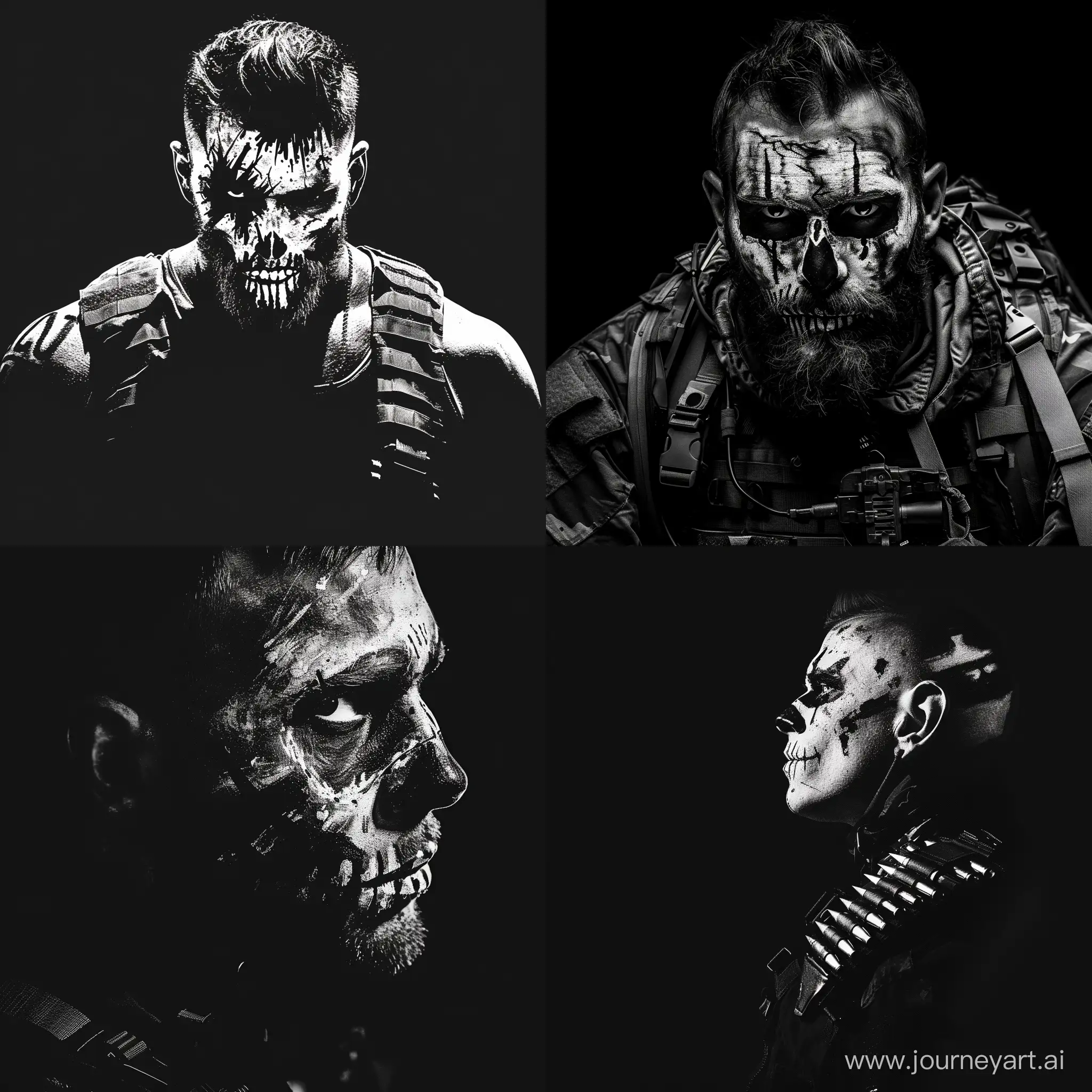 logo, minimalistic, man, crudely painted skull war paint, military equipment, black and white, black background