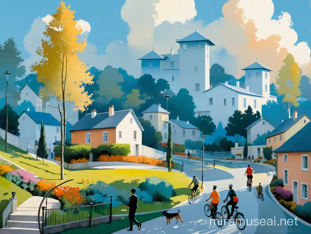 Pale colors gently drawn modern Suburban neighborhood, with trees, small houses, dog, people riding bicycles. In style of Didier Lourenço, and Thomas Wells Schaller. Elegant fantasy intricate very attractive fantastic view ultra detailed crisp quality very cute acrylic art naive art Didier Lourenço lithography