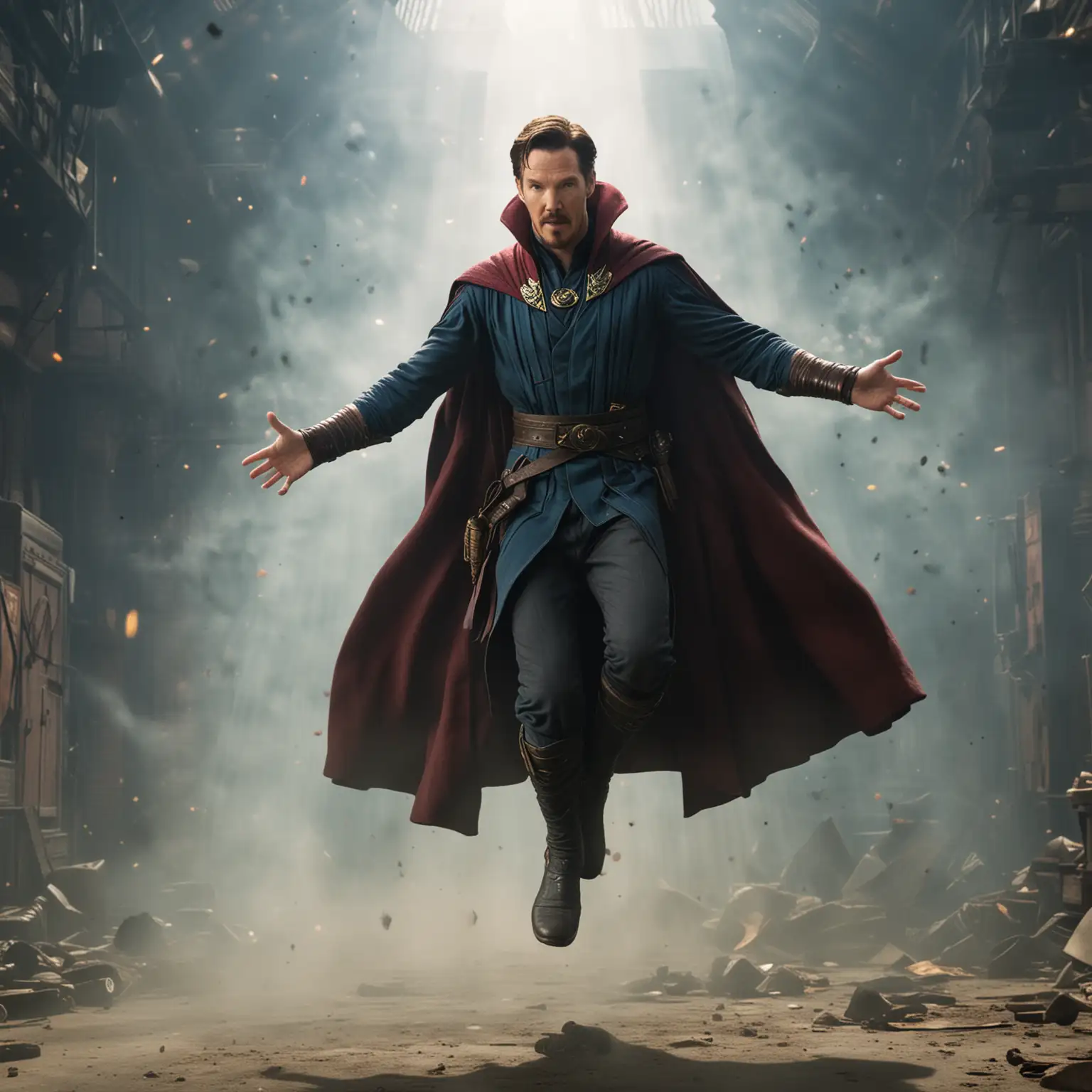 wide master shot of Benedict Cumberbatch as dr strange, levitating mid air