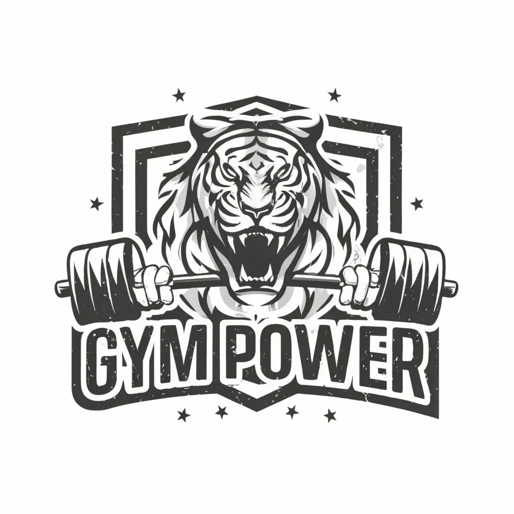 logo, abstract tiger brutal street effect of the gym silhouette lines in black and white in a minimalist style, with the text "GYM Power", typography, be used in Entertainment industry