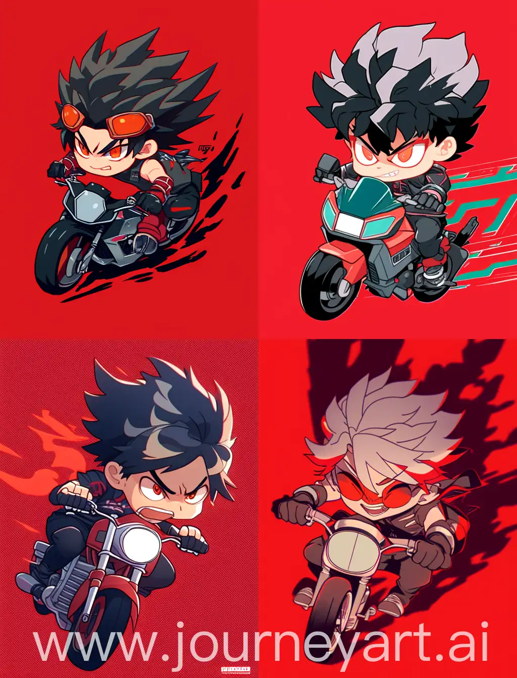 angry chibi anime guy riding a motorcycle, cartoon anime style, with strong lines, with red solid background