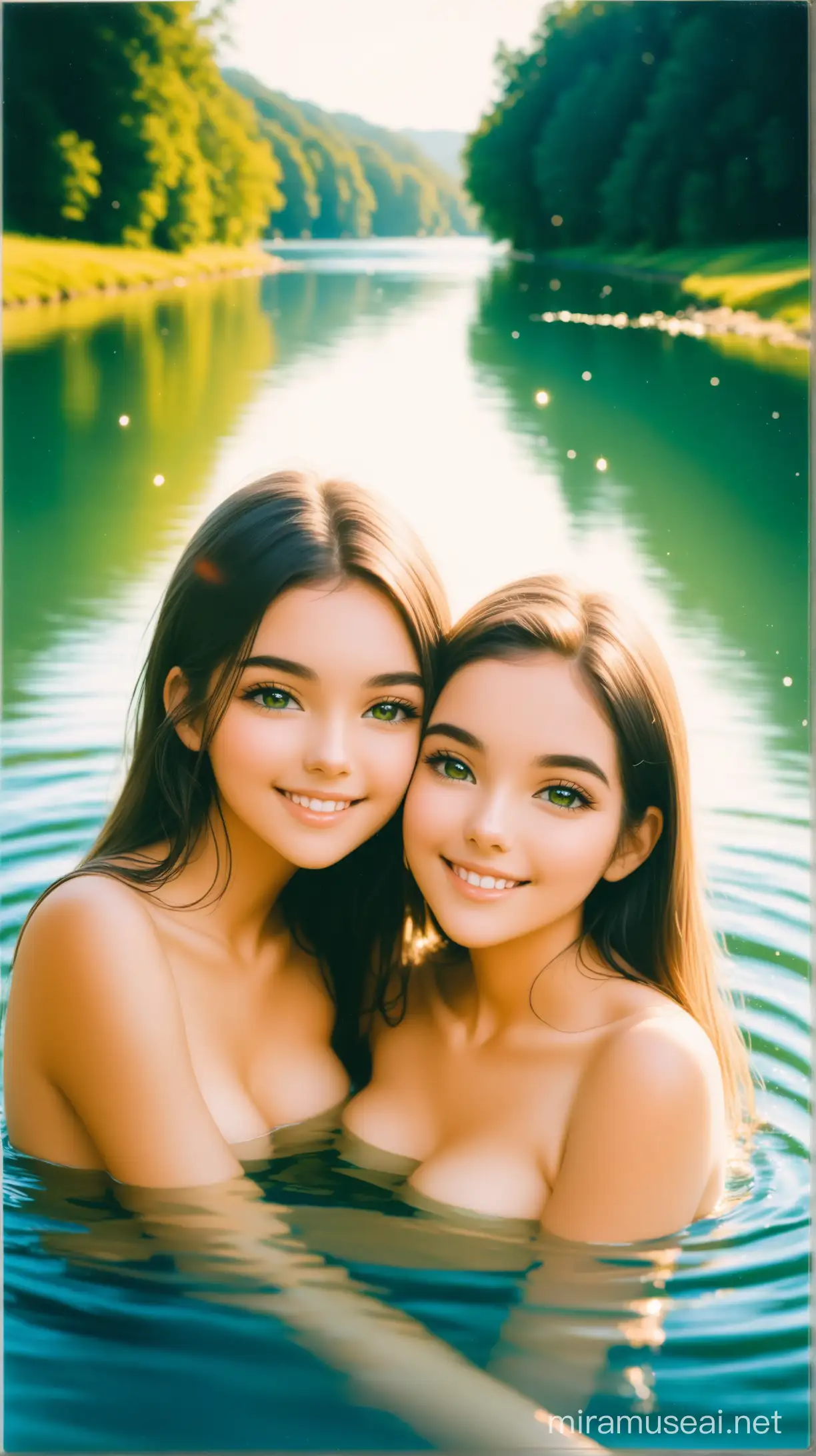 Two beautiful 20-year-old American women, naked but their body is invisible under the water, hugging and smiling the most beautiful smile in the universe, with romantic, innocent eyes sparkling with love, looking at the camera with love.
You swim in a beautiful river among a beautiful green landscape.
The image was captured on a full-frame mirrorless camera, using a 50mm prime lens, captured on Polaroid SX-70 film, with a dynamic mix of sunlight and urban lighting creating a vivid background as a highlight.
