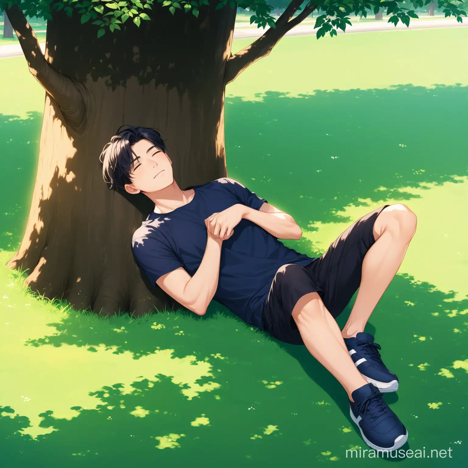 The background is the park lawn.

A 20-year-old handsome man is resting on his back against a tree.

The handsome man wore a navy t-shirt and black cotton pants and black sneakers.

It's a peaceful atmosphere.