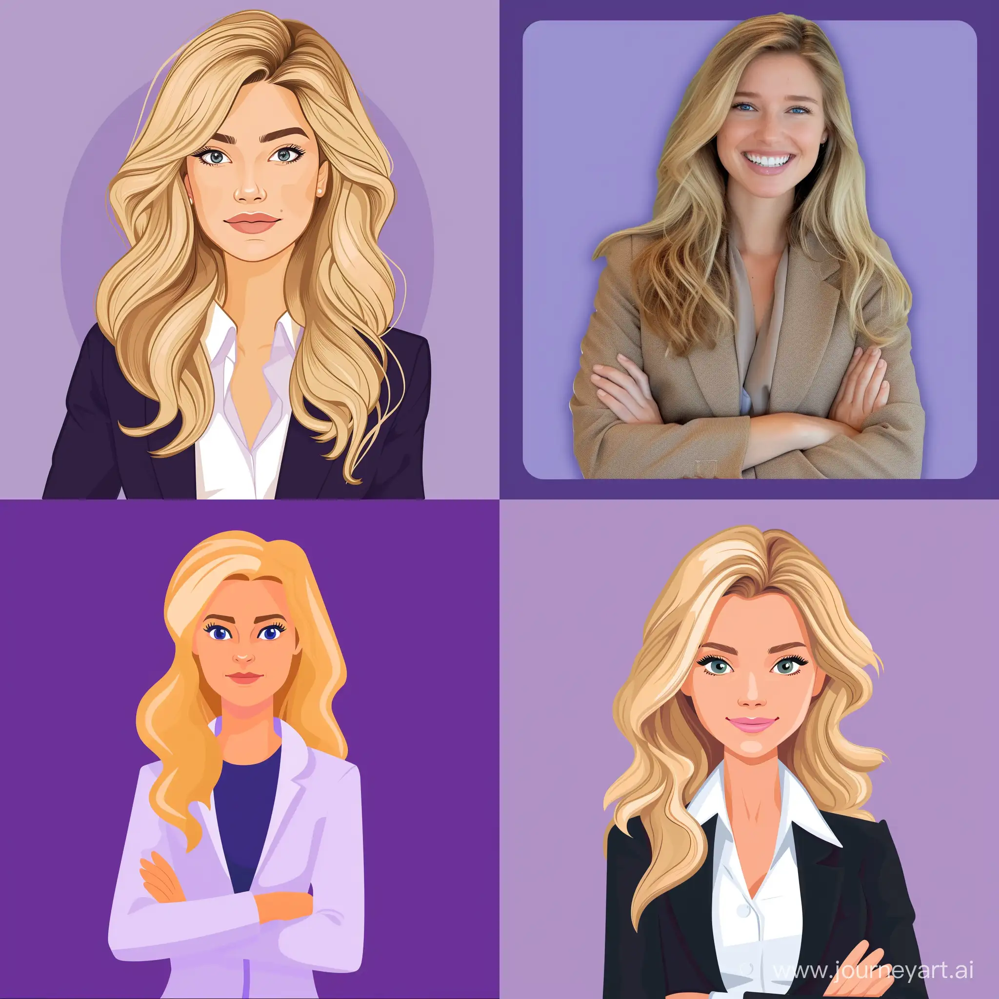 consultant girl, blonde, purple background