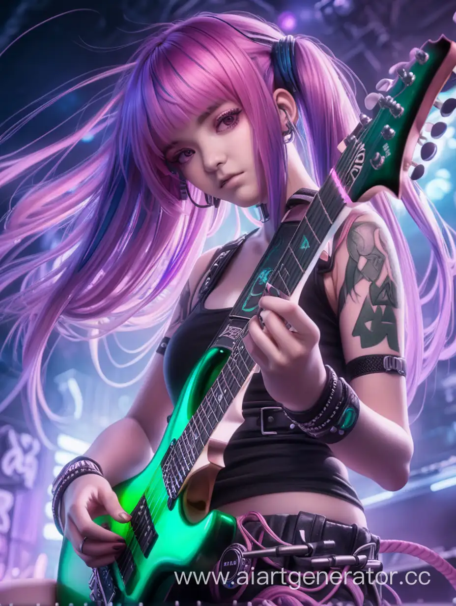 green and pink  lights, scene, girl with purple hairs playing djent metal, holding a many-strings guitar 
