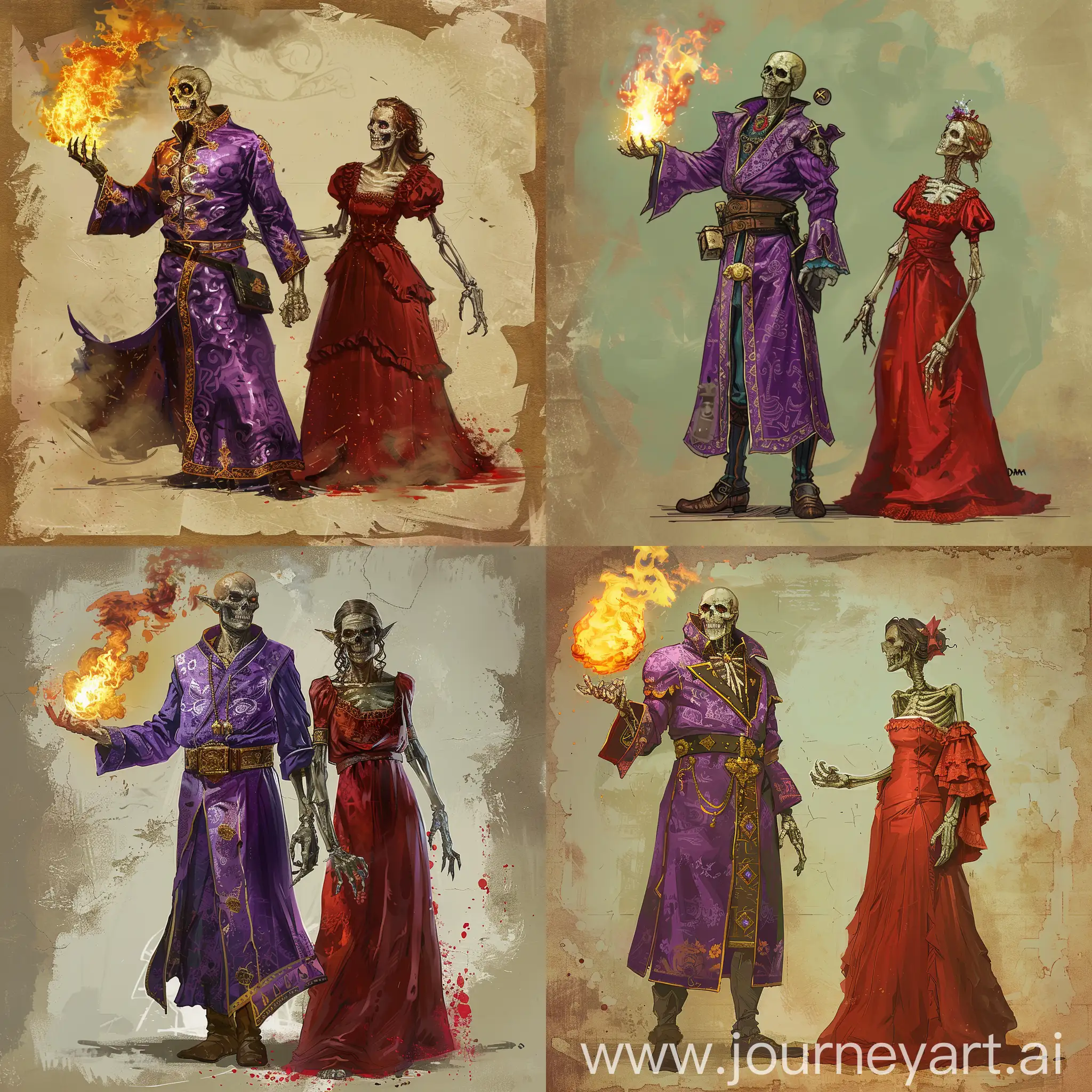 DnD portrait. A undead mage in an expensive purple robe with a fireball. Next to it stands a undead maid in a red dress