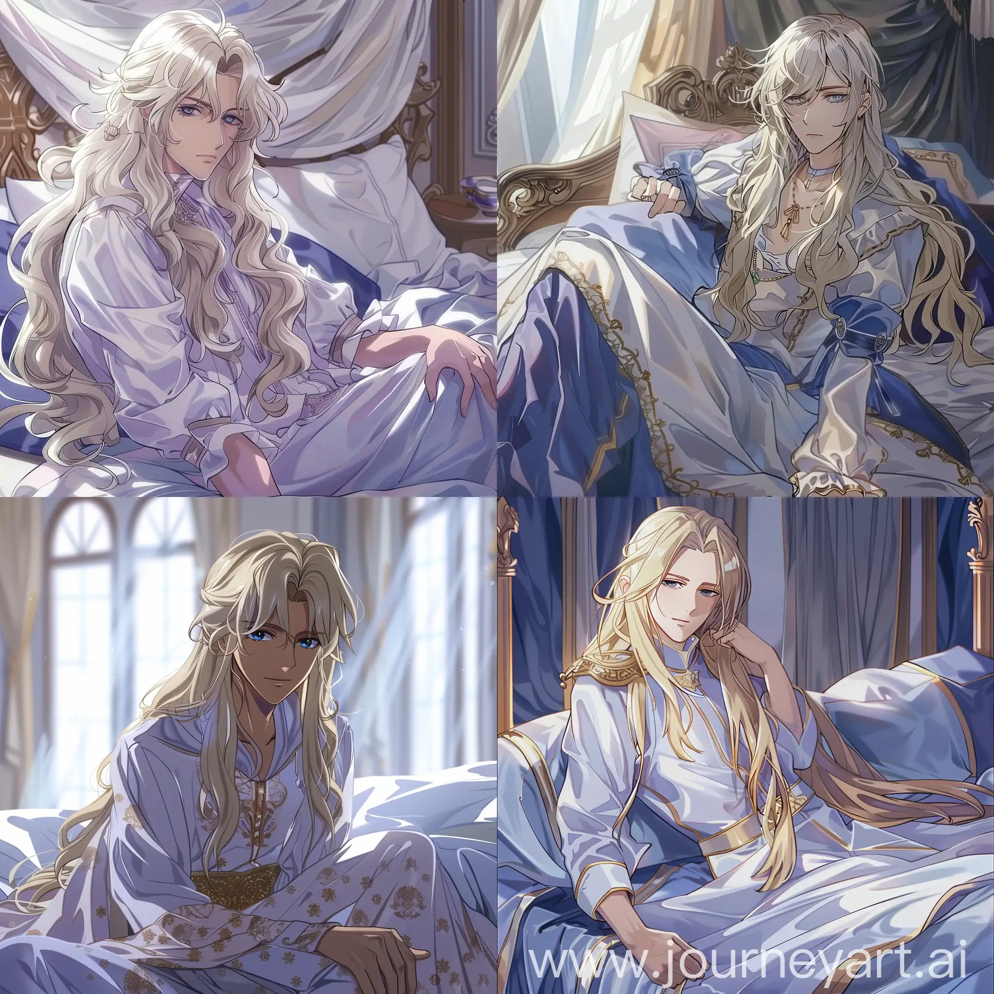 Young man, blonde, long hair, dark blue eyes, smooth white skin, in a royal light female dress, on a bed, anime style