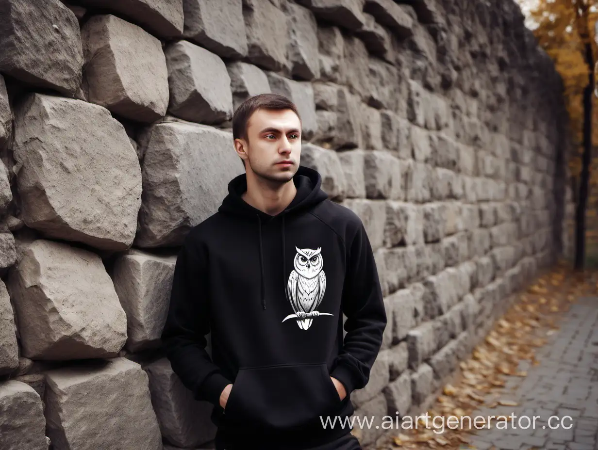 Русский парень 30 лет,  в чёрной толстовке с изображением Совы, стоит возле стены из камня и смотрит направо 
