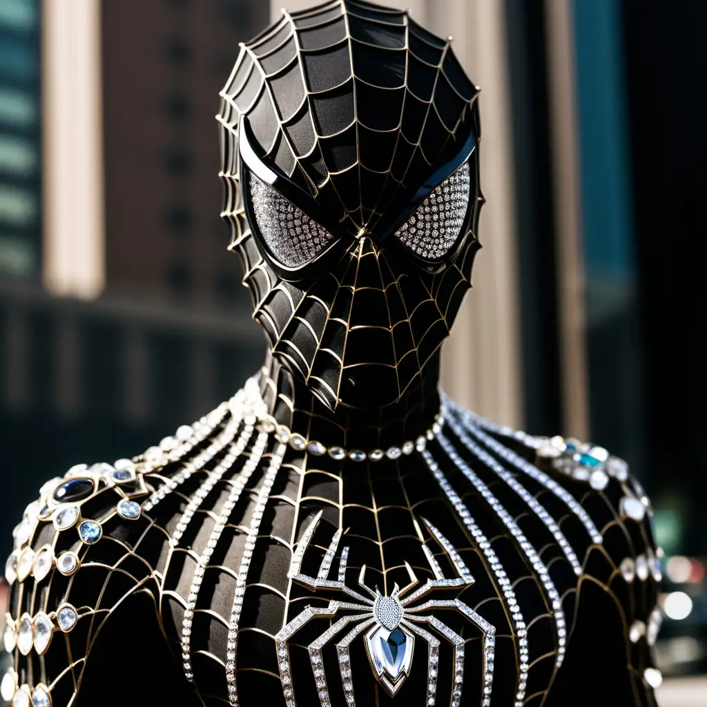 Spiderman costume made up of black  jewellery and gems