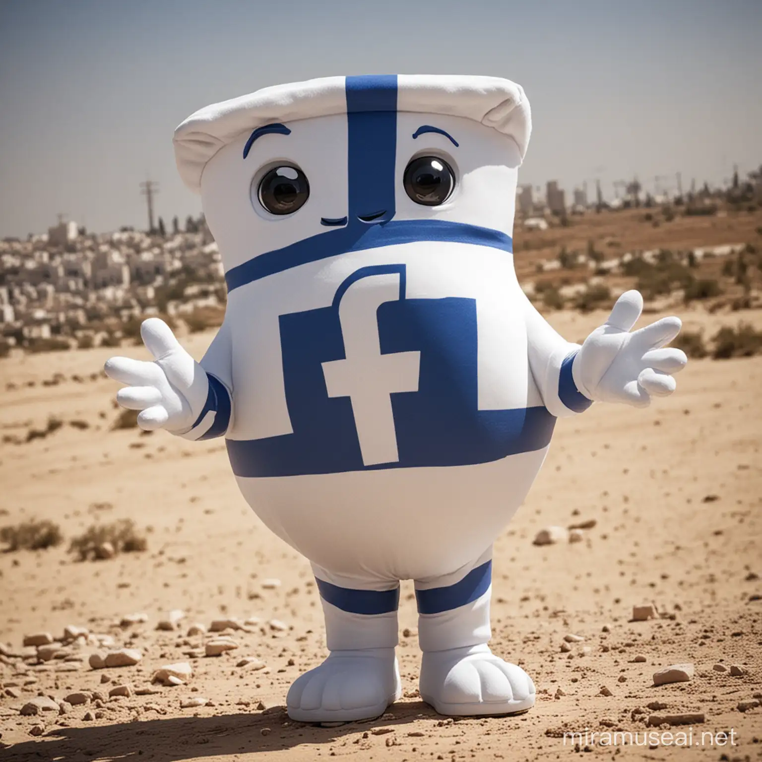 facebook mascot wearing facebook logo giving money to people of israel