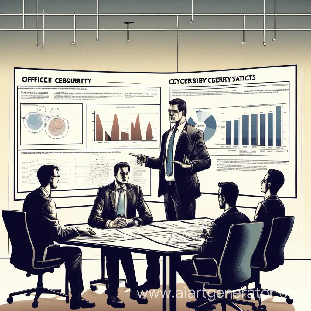 Начальник офиса указывает на доску, на которой изображена статистика кибербезопаности, а его подчиненные слушают за столом, смотря на диаграммы