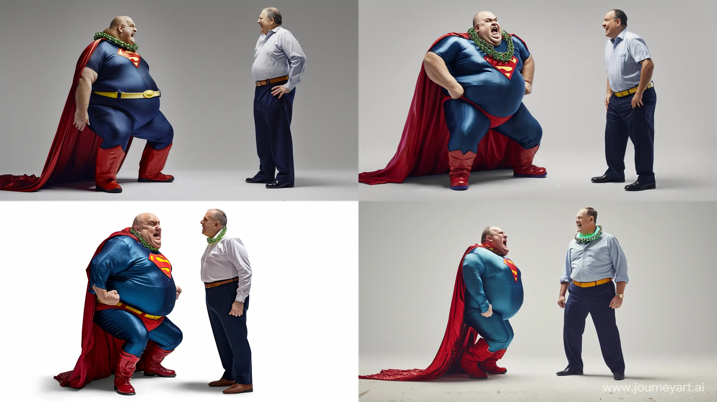 Photo of two men looking at each other. The first man is an angry chubby man aged 70. He is kneeling. He is wearing a silky blue superman costume with a large red cape, red boots, blue shirt, blue pants, yellow belt and red trunks. He wears a heavy glowing green chain collar on his neck. The other man is a happy chubby man aged 70 is wearing navy business pants and a white shirt. Outside. --style raw --ar 16:9 --v 6