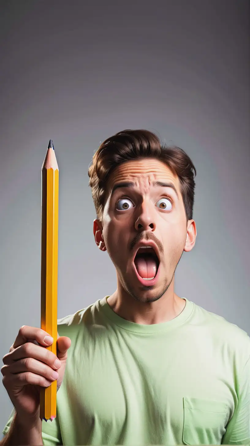 A very shocked man holding up a human sized Pencil and he is very surprised on its giant size in his hands. 





