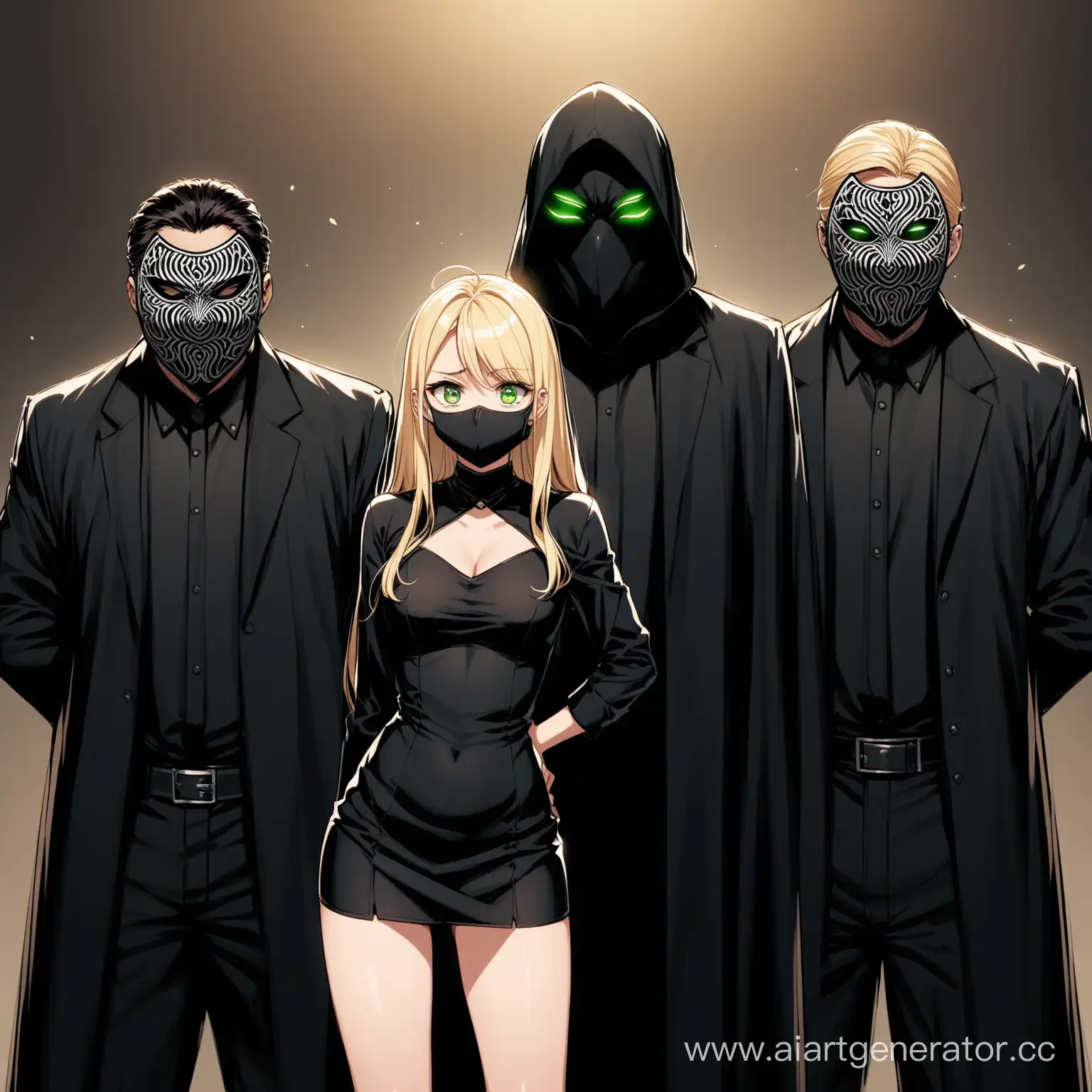 A short girl with long blond hair and green eyes, in a short dress, she looks scared and embarrassed standing next to 3 dangerous tall men in black clothes and masks