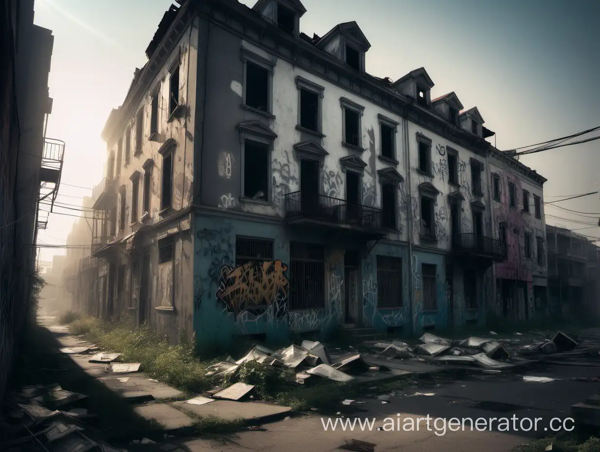 Desolate-Urban-Landscape-Light-Mist-Over-Abandoned-City-with-Graffiti