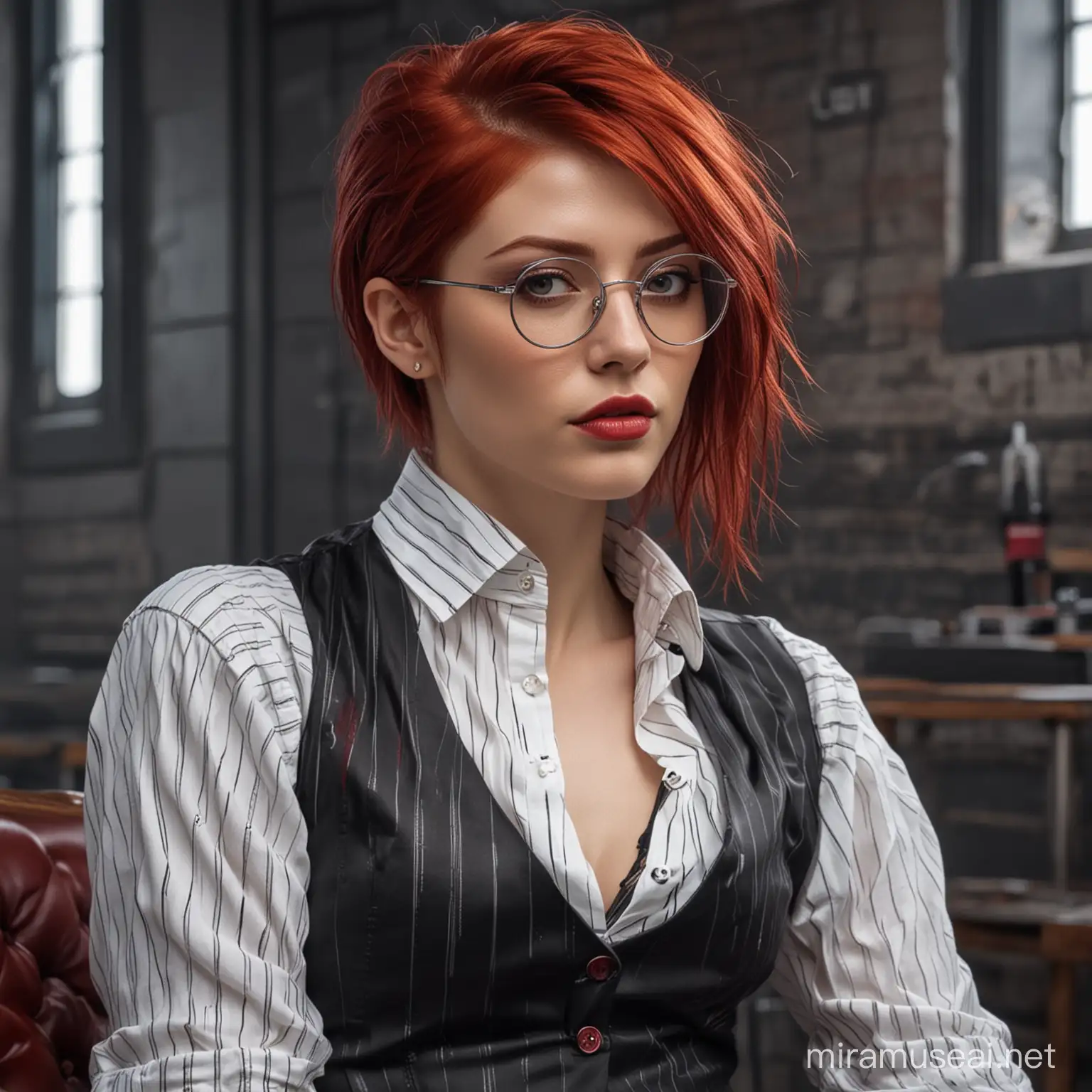 Scarlet RedHaired Cyberpunk Woman with Dark Vest and Eyeglasses