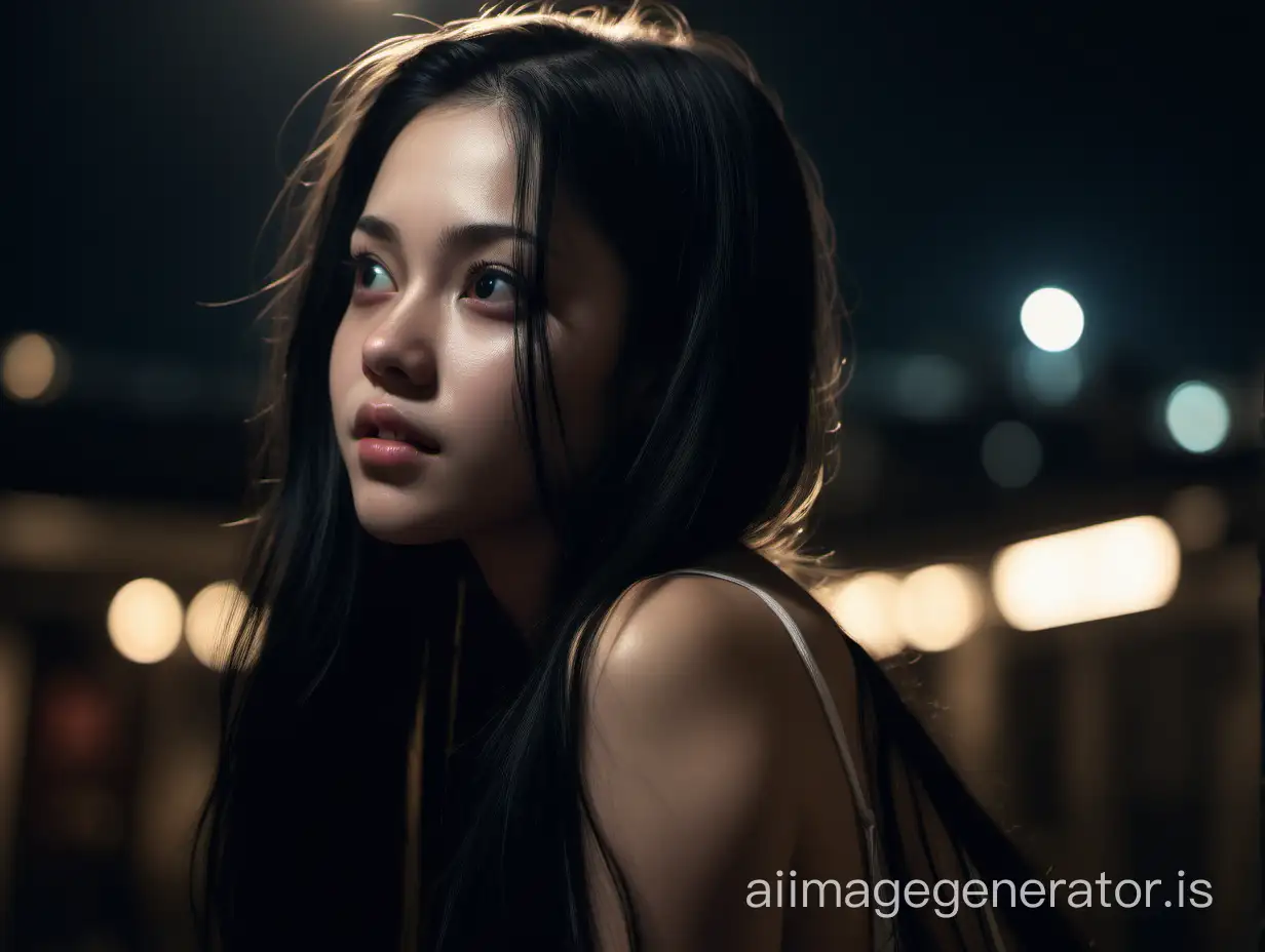A girl lean her back, pretty face, long black hair, photorealistic, realism, hihi westmullery detailed, best quality, raw photo, professional photography, ma xsterpiece, long shot, depth of field, night shot, cinematic s, diffused lighting