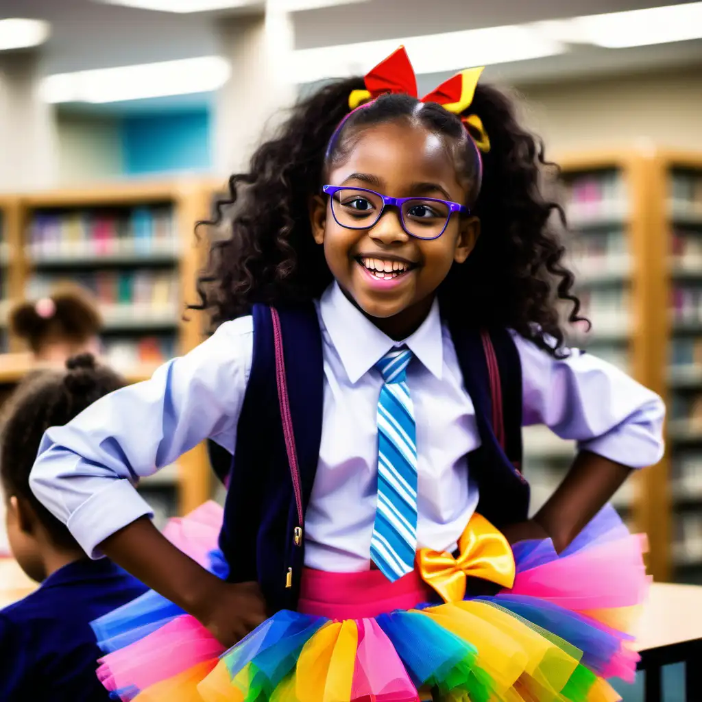 Smiling Black Girl Giving Colorful Speech in Library