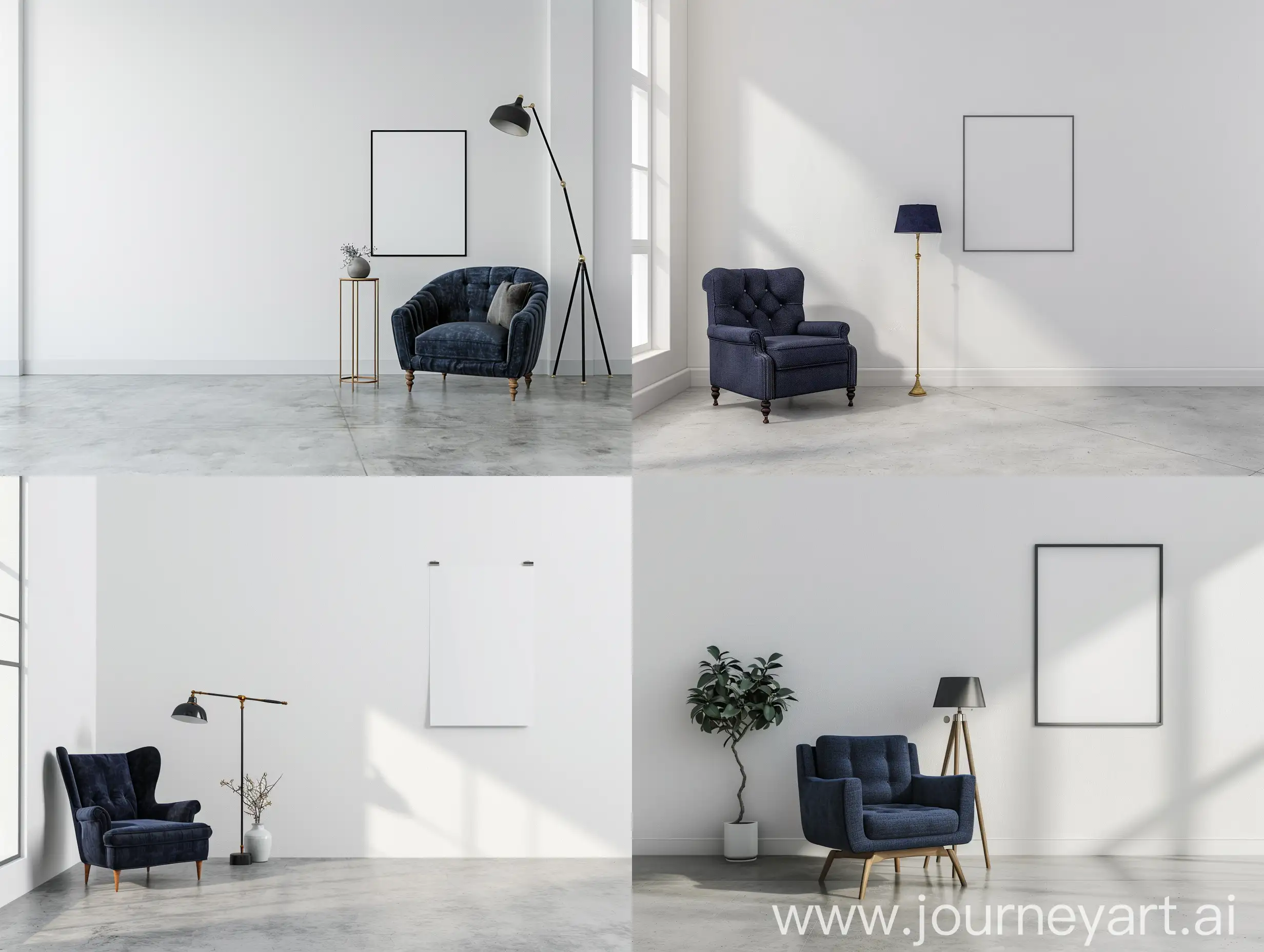 Living room interior with white walls, a concrete floor and a dark blue armchair standing near a lamp. A poster. 3d rendering mock up.