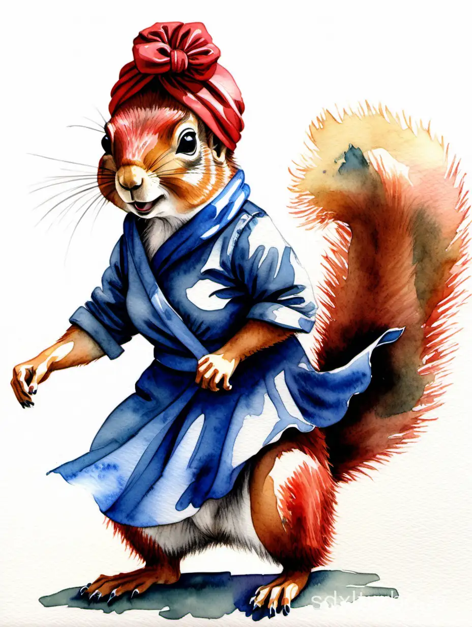 squirrel with red headscarf and blue dress in the pose of 'we can do it', highly detailed watercolor painting