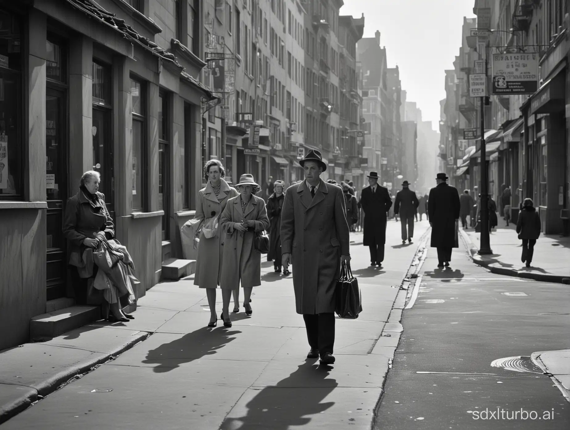 Street with people, Vivian Maier, long shot, monochrome, European street, 24 mm, realistic style