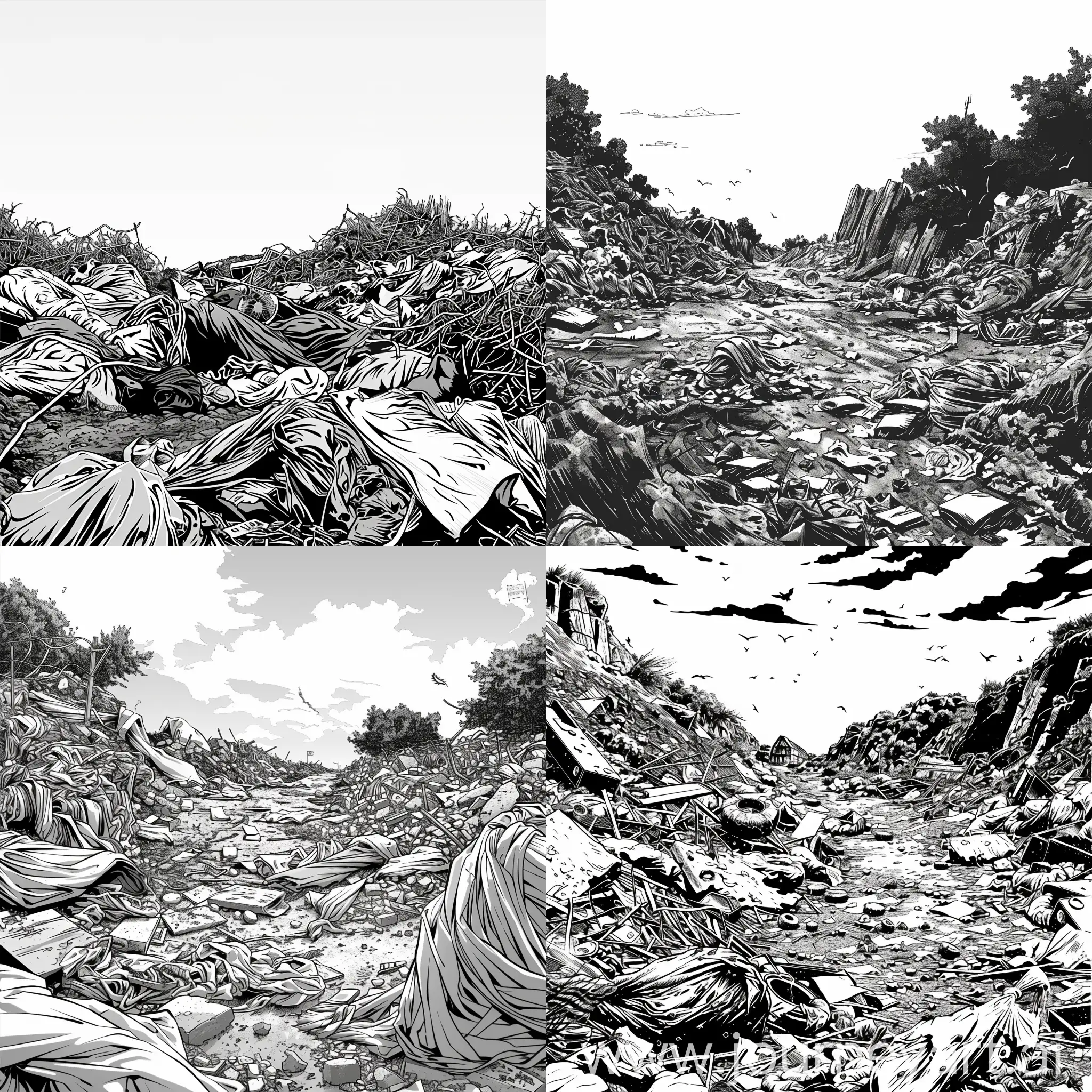 landscape shot of a black and white comic drawing of textile waste in a dump