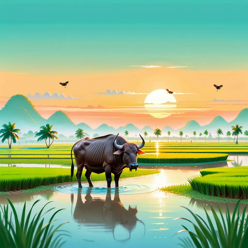 Asian Water Buffalo Grazing in Thai Rice Fields
