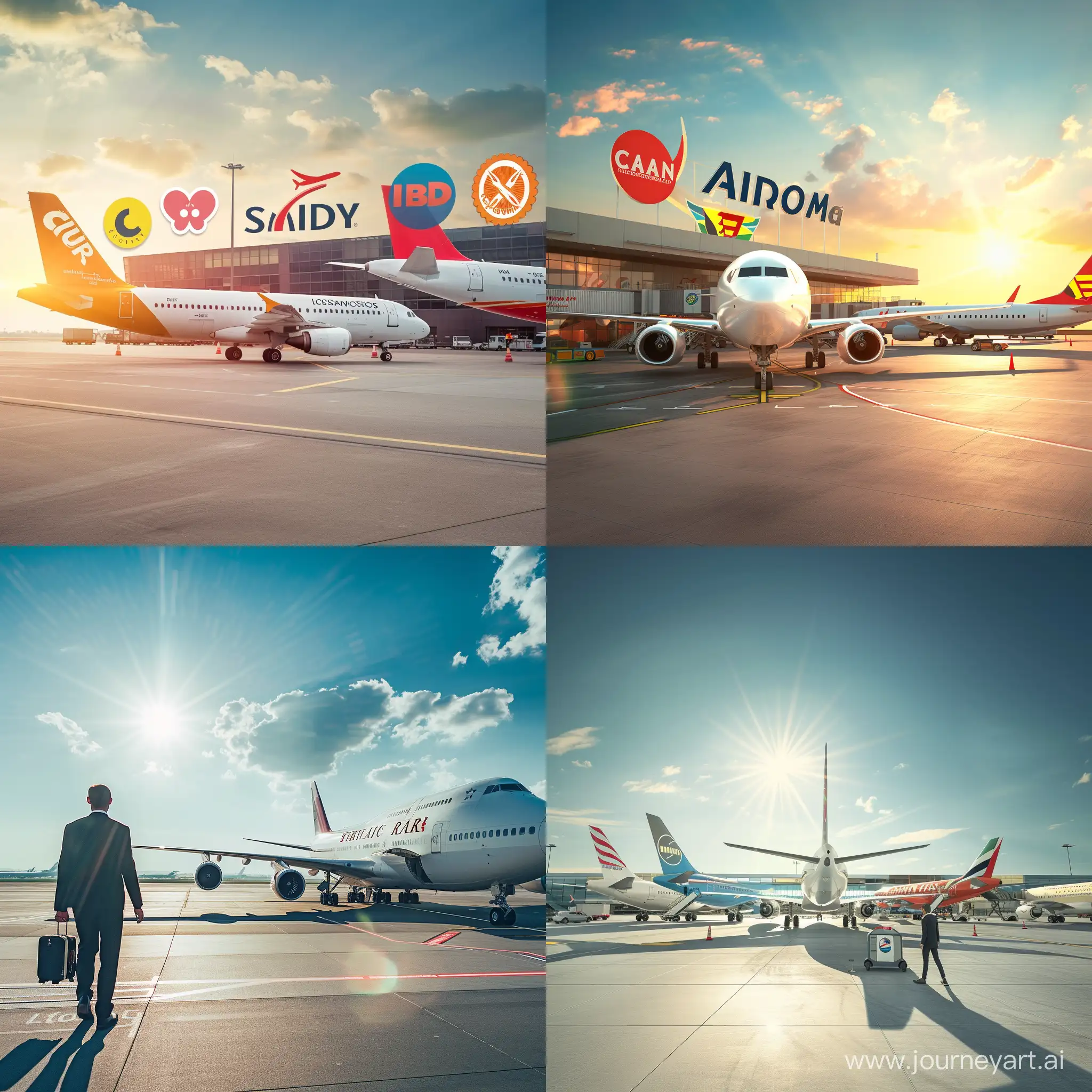 Airline company welcome agent at an airport servicing a client, bright, sunny, airplanes, logos