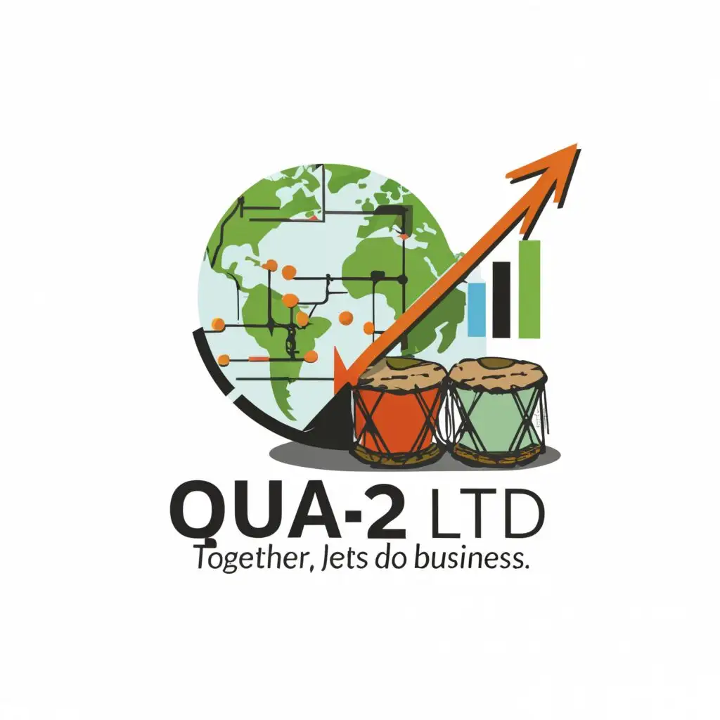 logo, map of the globe with African drum and a chart and graph with up trending numbers, with the text "Qua-2 LTD.", typography, be used in Finance industry

Tagline..."Together let's do business"