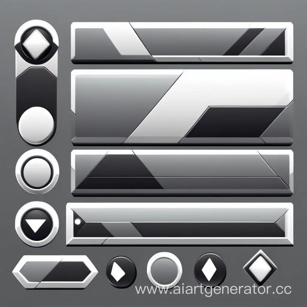 Шаблон, кнопки для видеоигры в стиле минимализма, цвета серый, чёрный,белый. Острые углы, Прямоугольная форма
